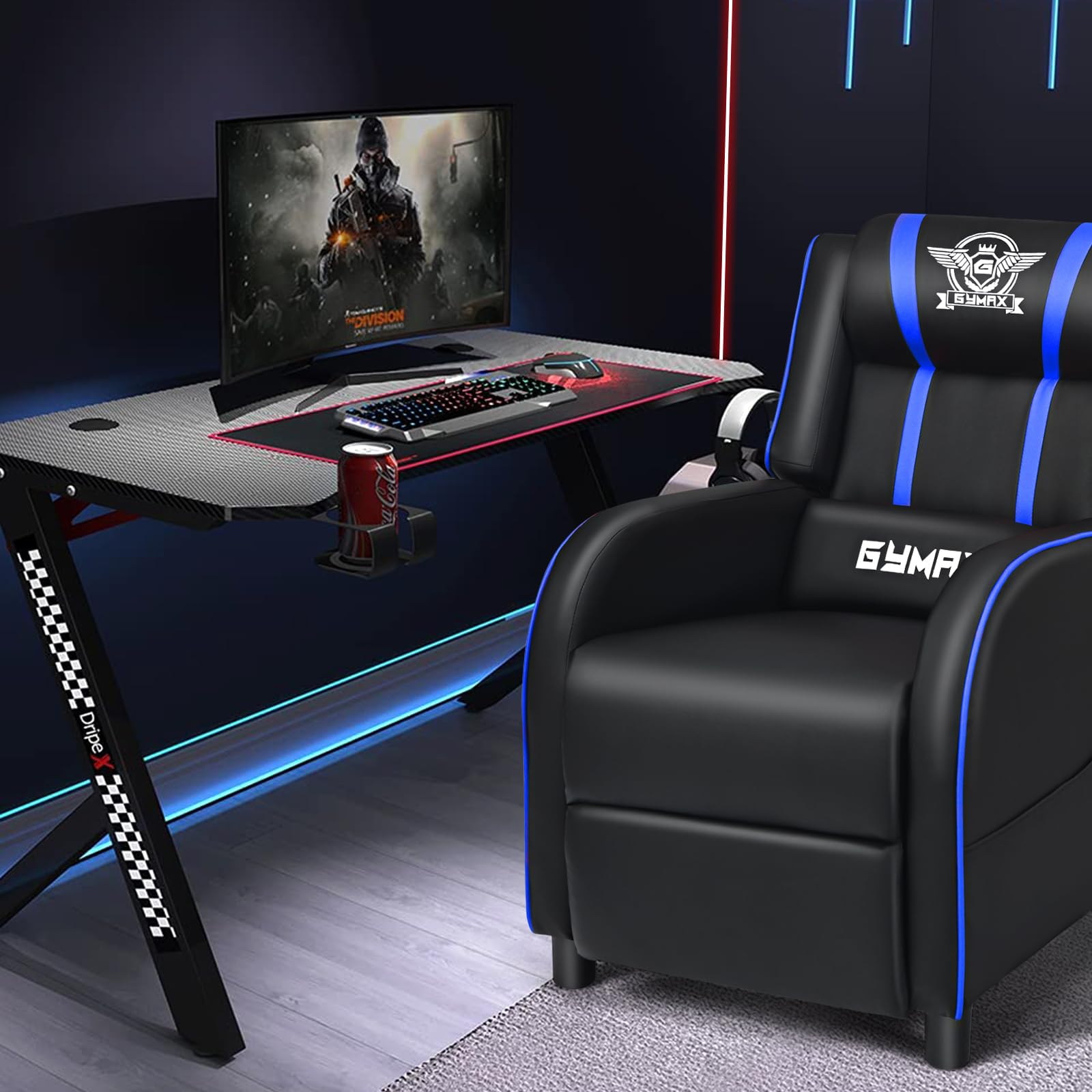 GYMAX Gaming Recliner, Massage Gaming Chair w/Adjustable Footrest, Remote Control &amp; Side Pocket, Ergonomic Game Lounge Chair, Racing Style Single Theater Seat Game Sofa for Adults (Blue)