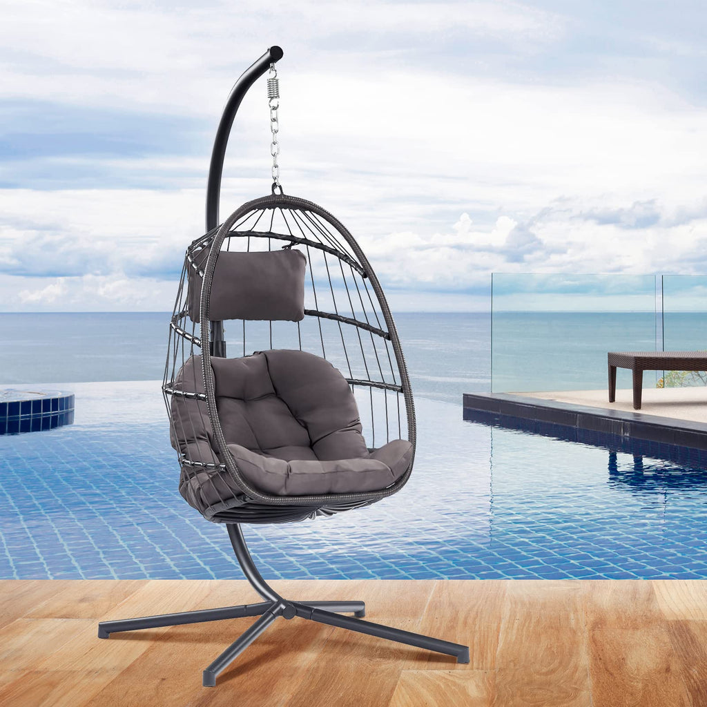 Egg Chair with Stand - Patio Rattan Wicker Hanging Swing Egg Chair Hammock Chair for Indoor Outdoor Bedroom Garden - Aluminum Steel Frame and UV Resistant Cushion 350LBS Capacity (Dark Grey)