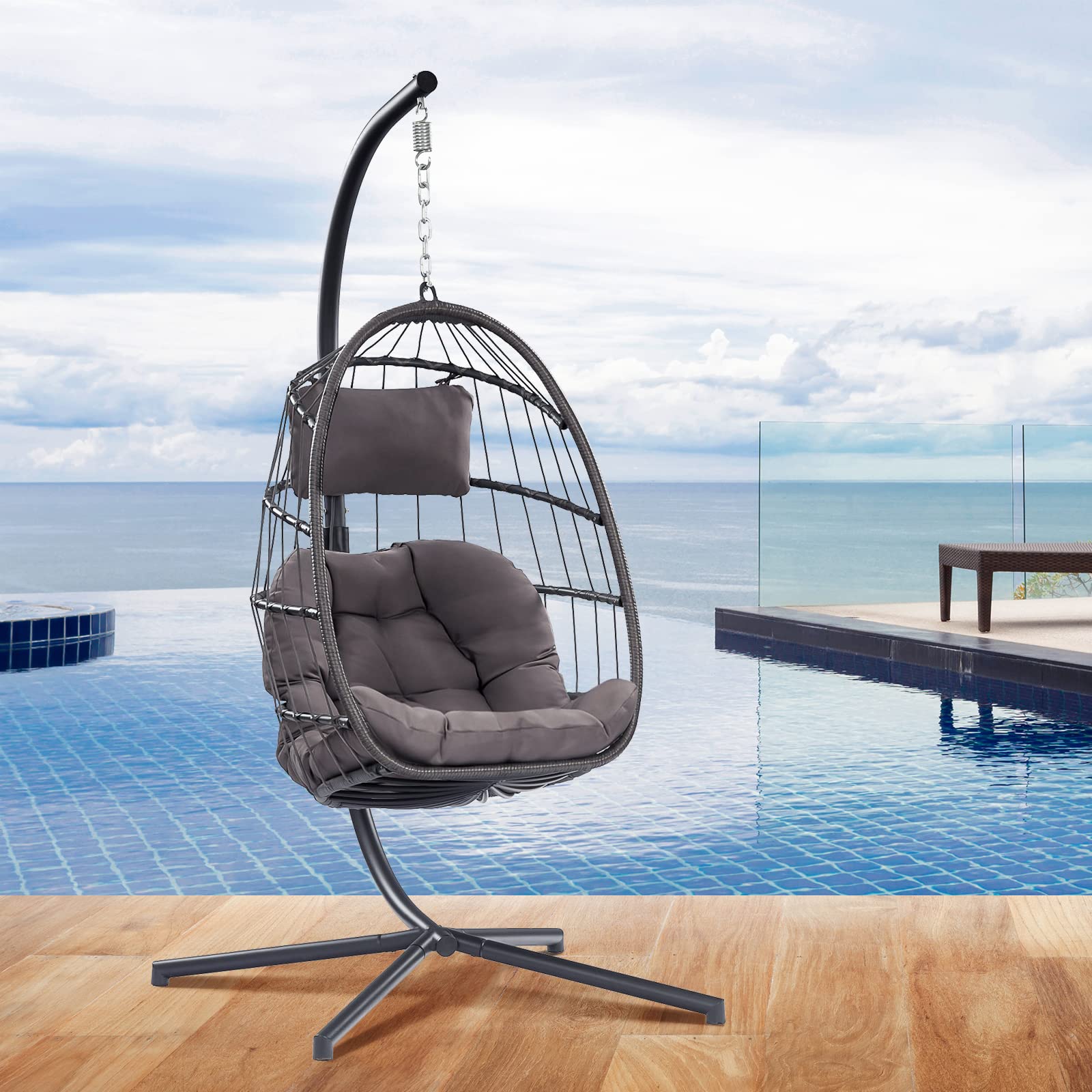 Egg Chair with Stand - Patio Rattan Wicker Hanging Swing Egg Chair Hammock Chair for Indoor Outdoor Bedroom Garden - Aluminum Steel Frame and UV Resistant Cushion 350LBS Capacity (Dark Grey)