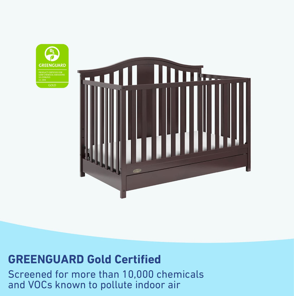 Graco Solano 4-in-1 Convertible Crib with Drawer (Espresso) u2013 GREENGUARD Gold Certified, Crib with Drawer Combo, Includes Full-Size Nursery Storage Drawer, Converts to Toddler Bed and Full-Size Bed