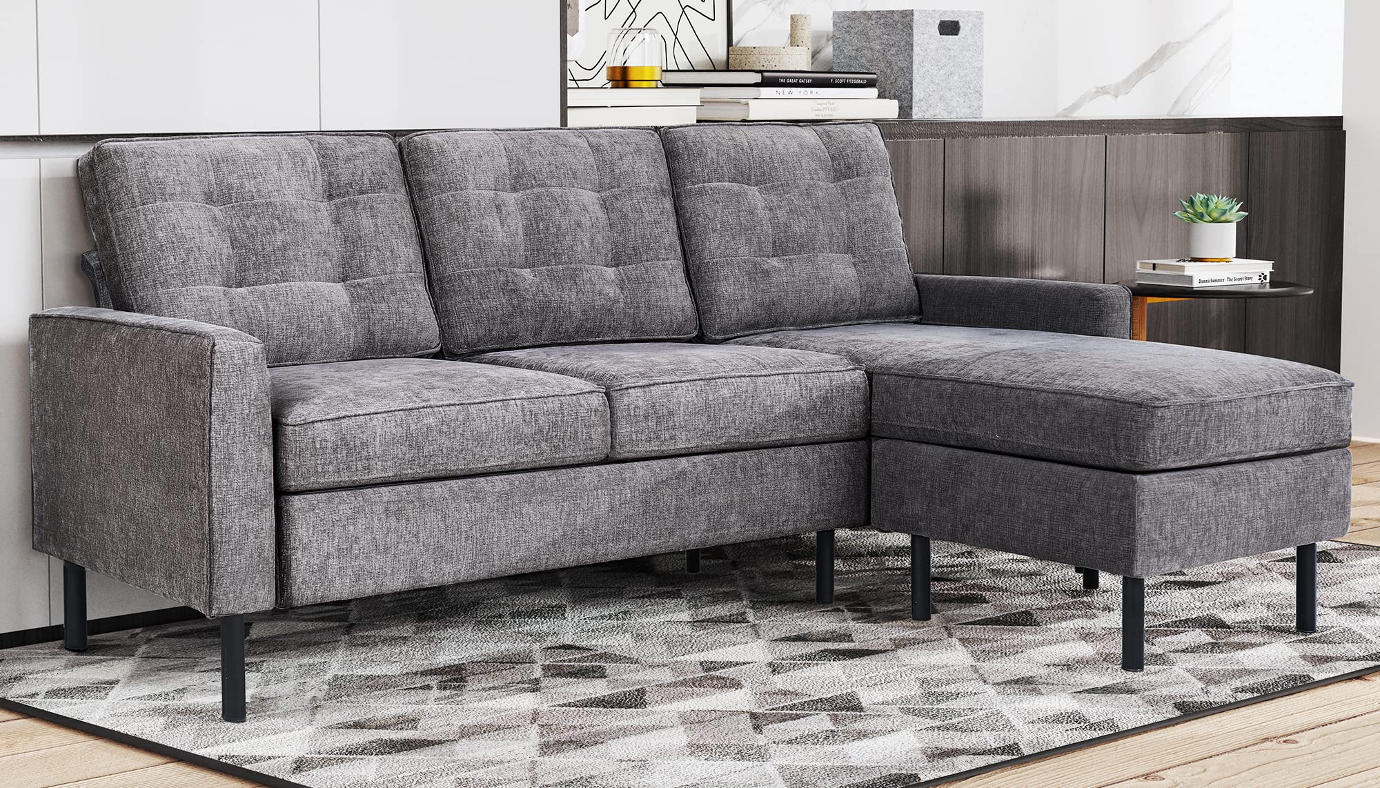 ATMUTE L-Shaped Sectional Sofa Couch in Grey Chenille Fabric