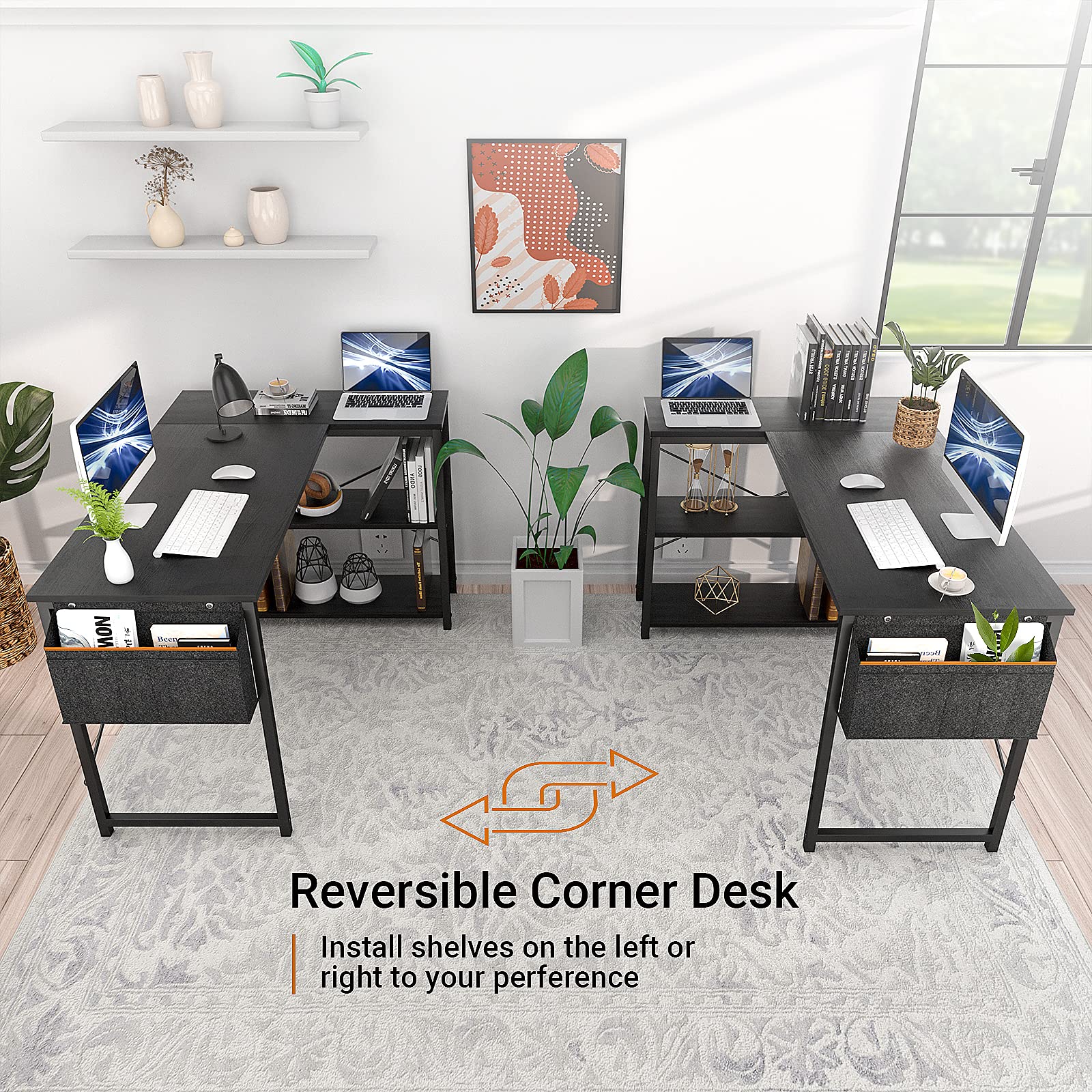 Small L Shaped Computer Desk, Homieasy 47 Inch L-Shaped Corner Desk with Reversible Storage Shelves for Home Office Workstation, Modern Simple Style Writing Desk Table with Storage Bag(Black)