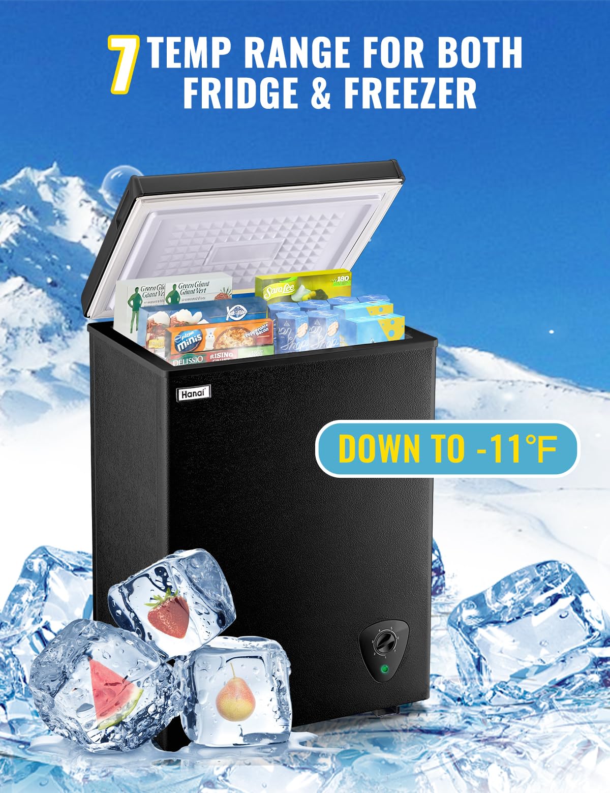 Chest Freezer 3.5 CU.FT WANAI Deep Freezers Compact Mini Freezer 7 Temperature Control Low noise with Removable Basket for Dorm Apartment Home Kitchen