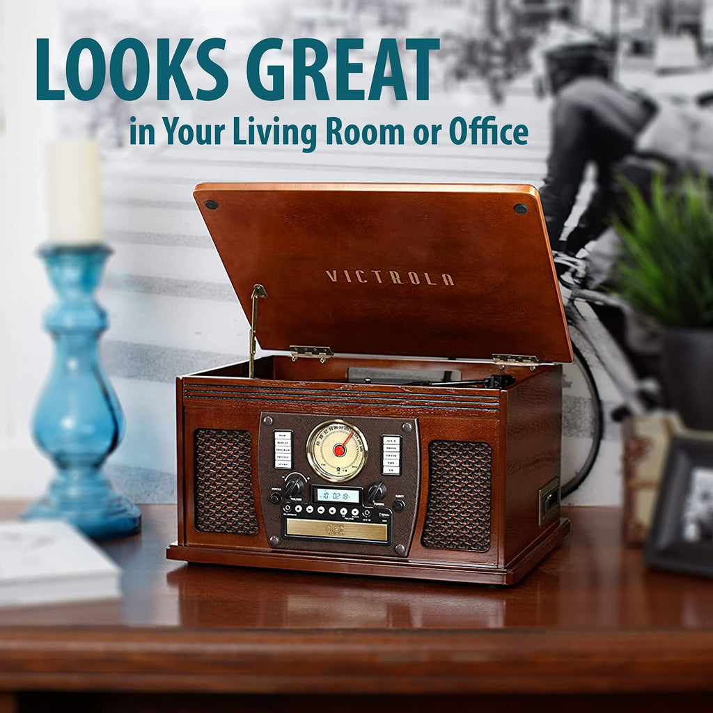 Victrola 8-in-1 Bluetooth Record Player &amp; Multimedia Center, Built-in Stereo Speakers - Turntable, Wireless Music Streaming, Real Wood | Mahogany