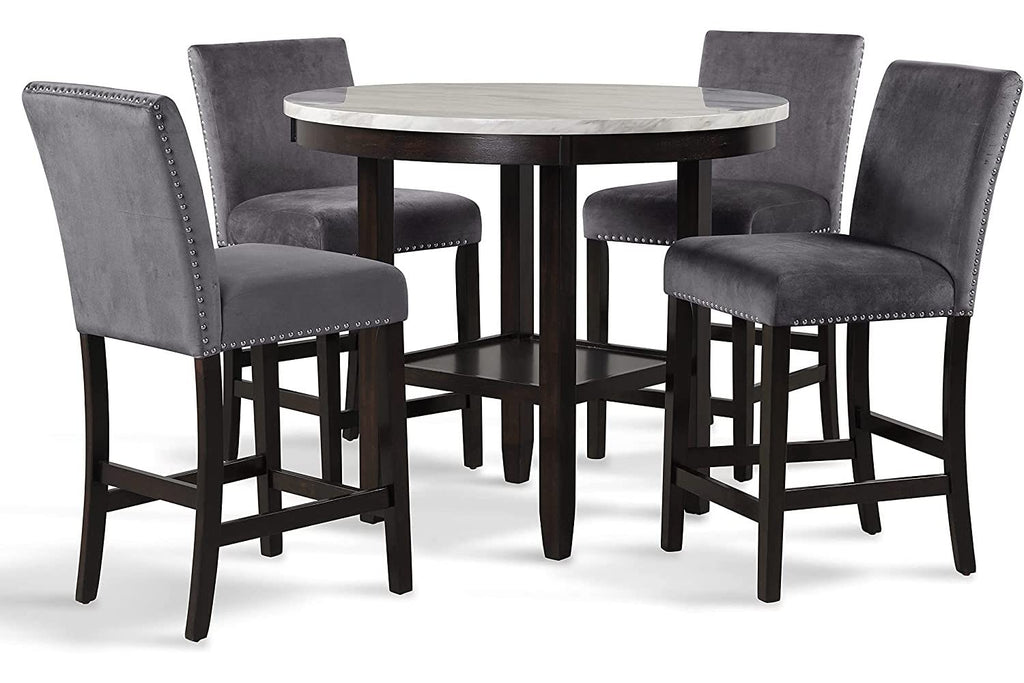 New Classic Furniture Celeste 5-Piece Faux Marble Round Counter Set with 1 Table and 4 Chairs, 42-Inch, Grey