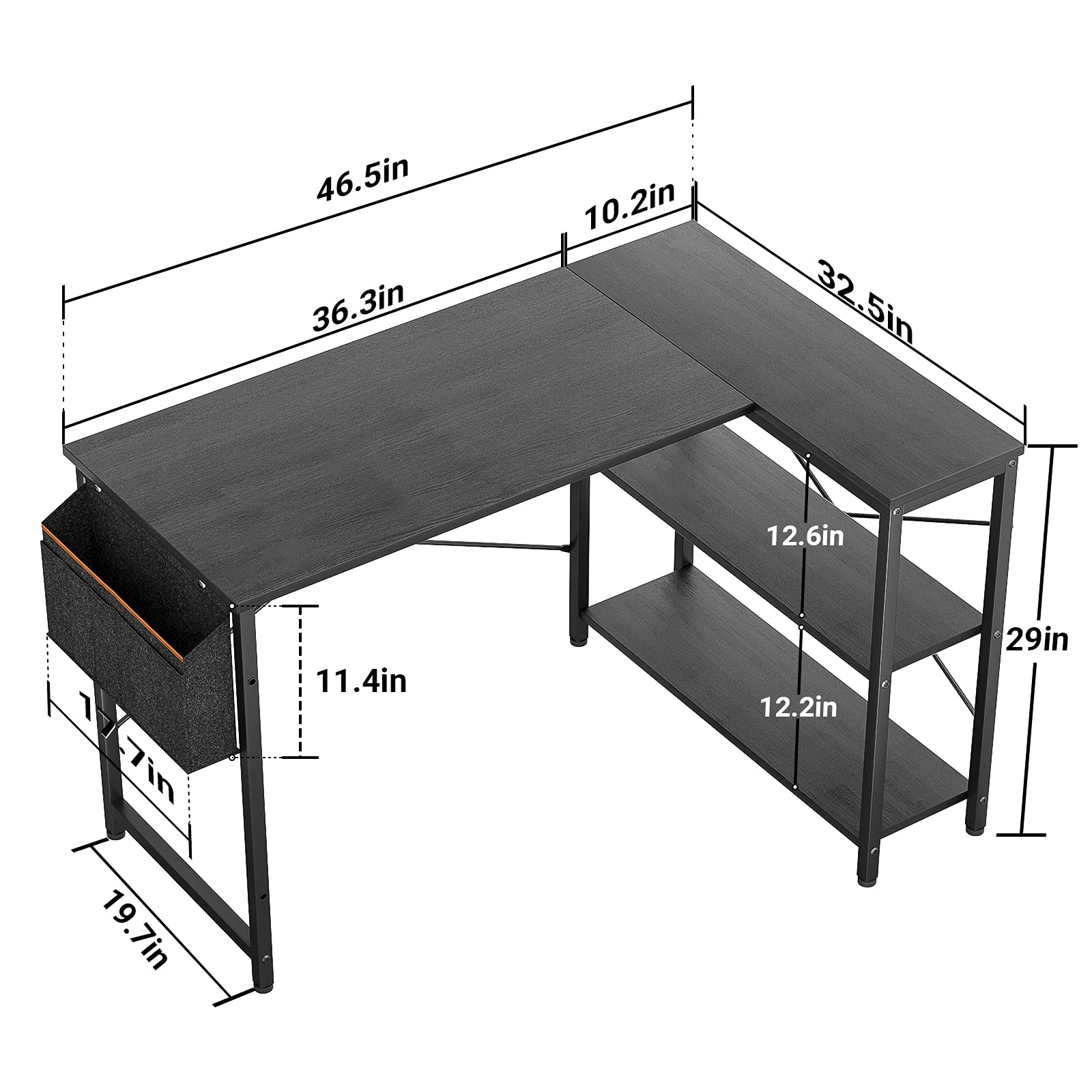 Small L Shaped Computer Desk, Homieasy 47 Inch L-Shaped Corner Desk with Reversible Storage Shelves for Home Office Workstation, Modern Simple Style Writing Desk Table with Storage Bag(Black)