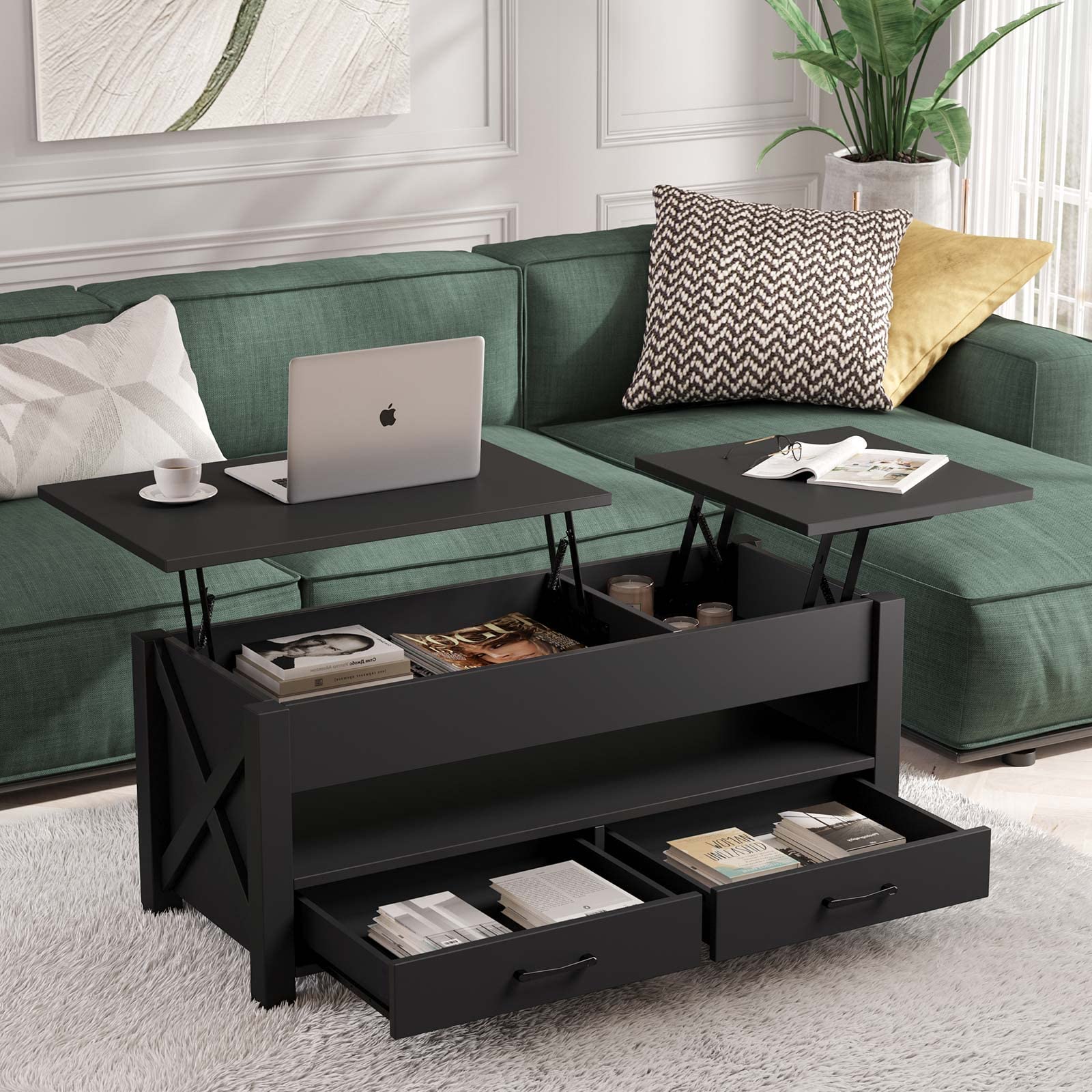 Seventable 47.2-Inch Lift-Top Coffee Table with Storage, Black