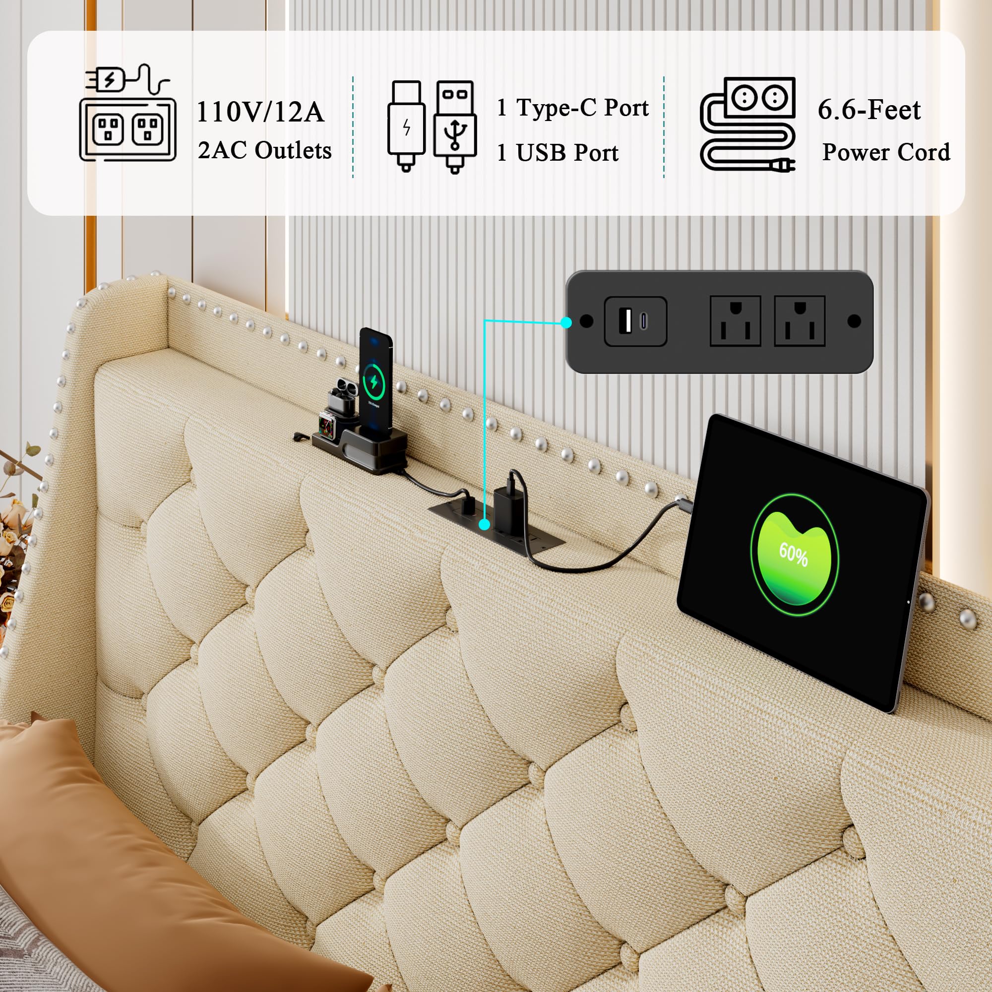 iPormis Full Bed Frame with 16" Deluxe Wingback &amp; USB &amp; Type-C Ports, Upholstered Platform Beds with Button Tufted Storage Headboard, Solid Wood Slats Support, No Box Spring Needed, Beige