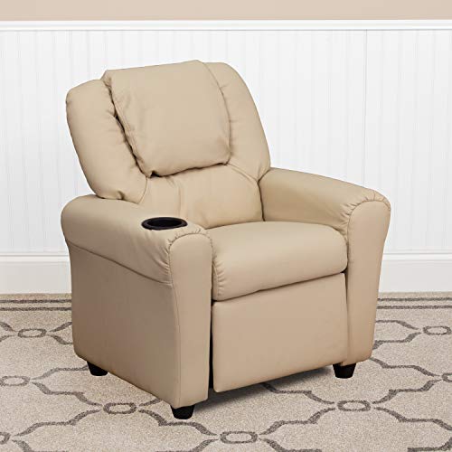 EMMA   OLIVER Beige Vinyl Kids Recliner with Cup Holder and Headrest