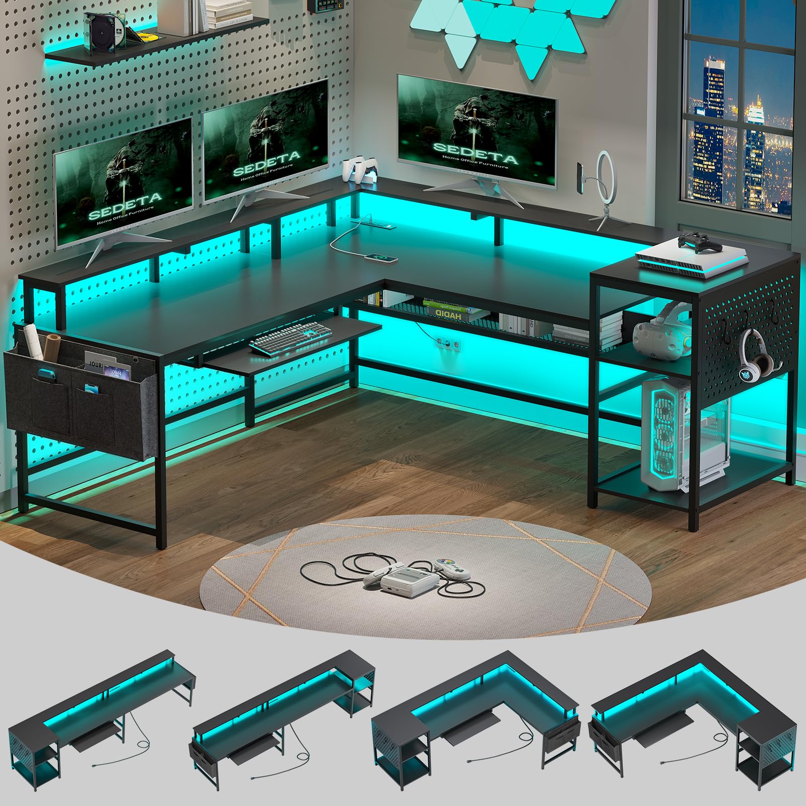 SEDETA L Shaped Gaming Desk, Reversible Computer Desk, Gaming Desk with Power Outlets &amp; LED Strip, Monitor Shelf, Keyboard Tray, Pegboard and Storage Shelves for Home Office, Black