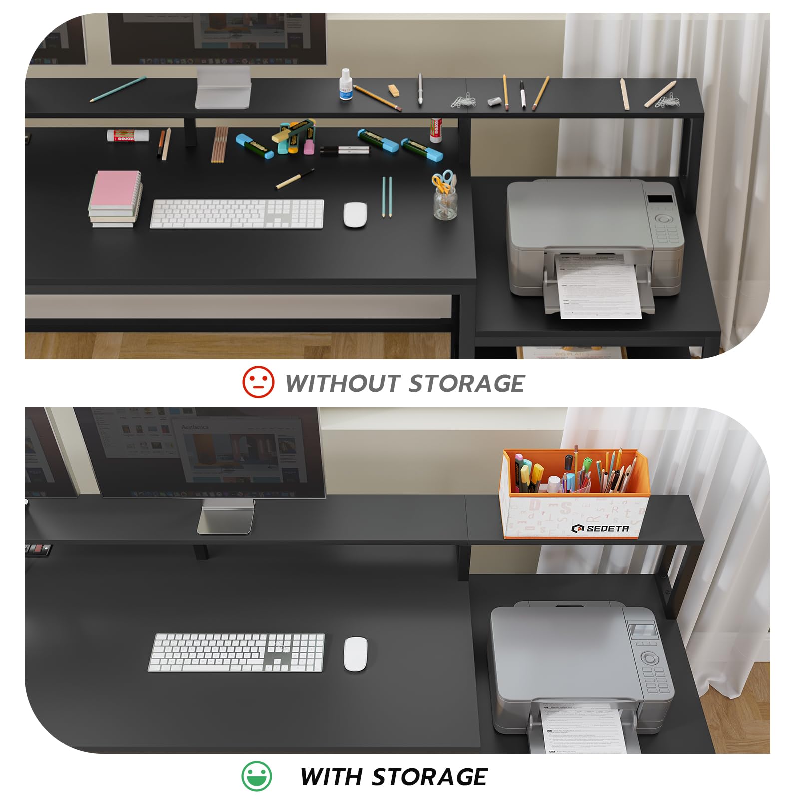 SEDETA L Shaped Gaming Desk, 66" Home Office Desk with File Drawer &amp; Power Outlet, Corner Gaming Computer Desk with Led Lights, Monitor Shelf and Printer Storage Shelves, Two Person Desk, Black
