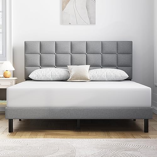 Molblly Full Bed Frame Upholstered Platform with Headboard and Strong Wooden Slats, Non-Slip and Noise-Free,No Box Spring Needed, Easy Assembly,Black