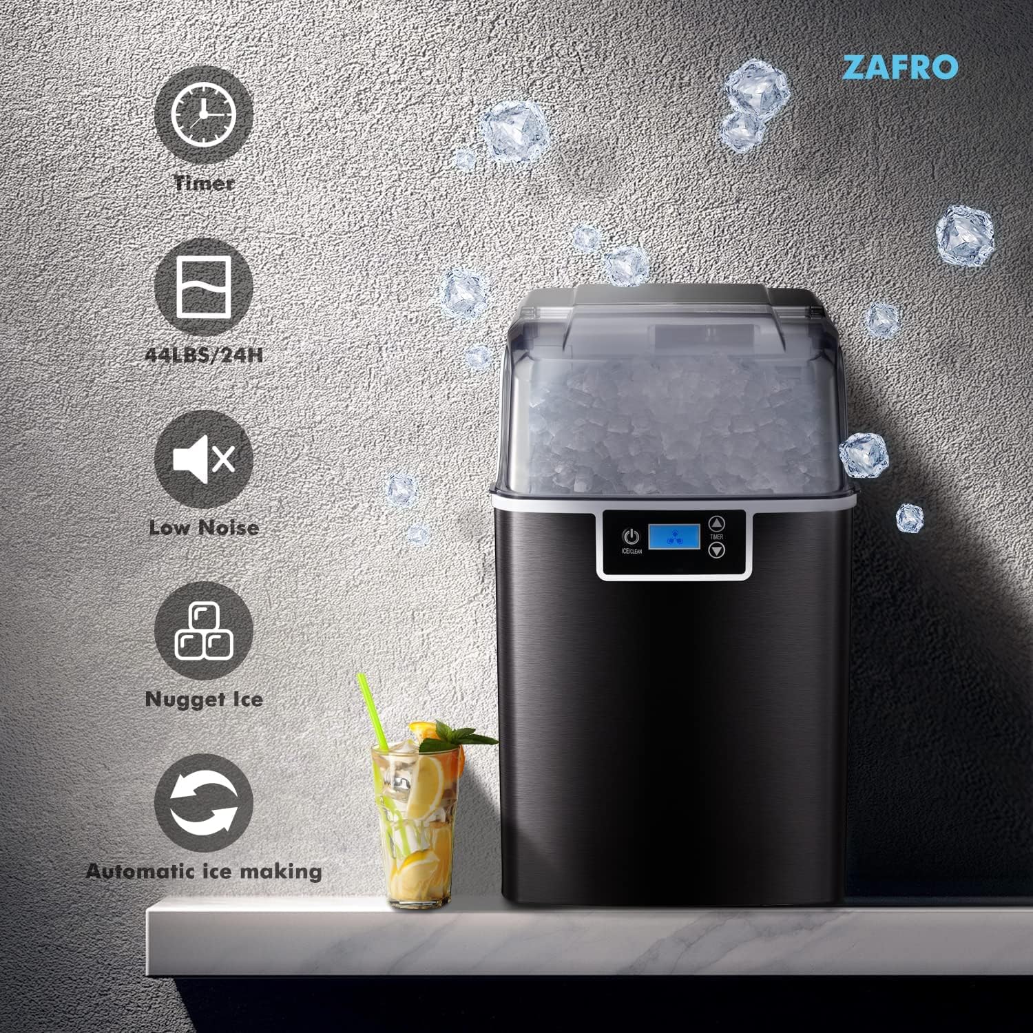 ZAFRO Nugget Ice Makers Countertop with Soft &amp; Chewable Pellet Ice Portable Self-Cleaning Compact Ice Machine 44Lbs/24H with Ice Scoop and Basket