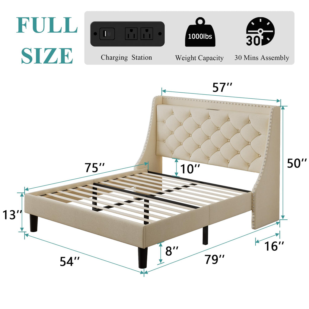 iPormis Full Bed Frame with 16" Deluxe Wingback &amp; USB &amp; Type-C Ports, Upholstered Platform Beds with Button Tufted Storage Headboard, Solid Wood Slats Support, No Box Spring Needed, Beige