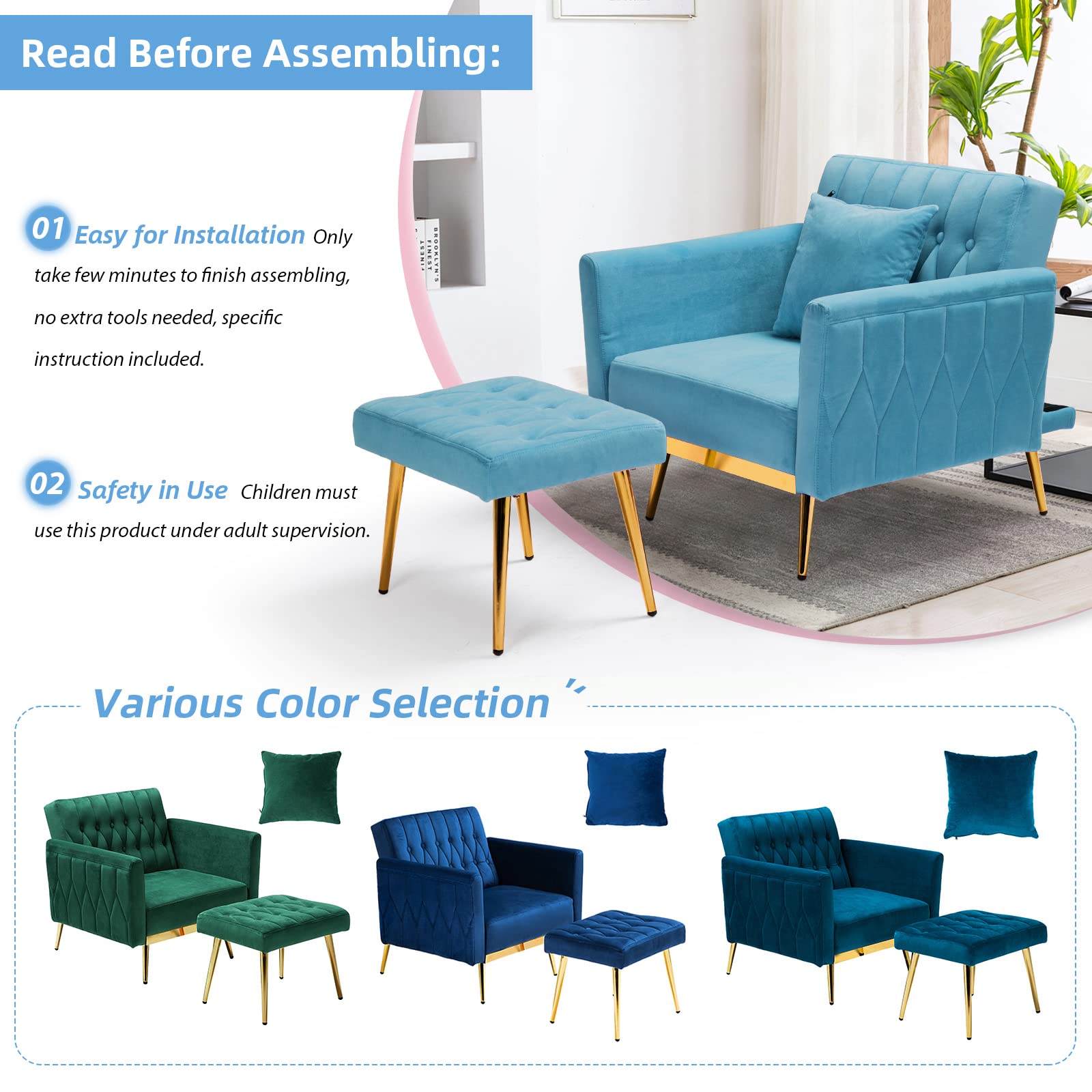 ACMEASE Velvet Accent Chair with Adjustable Backrest and Ottoman