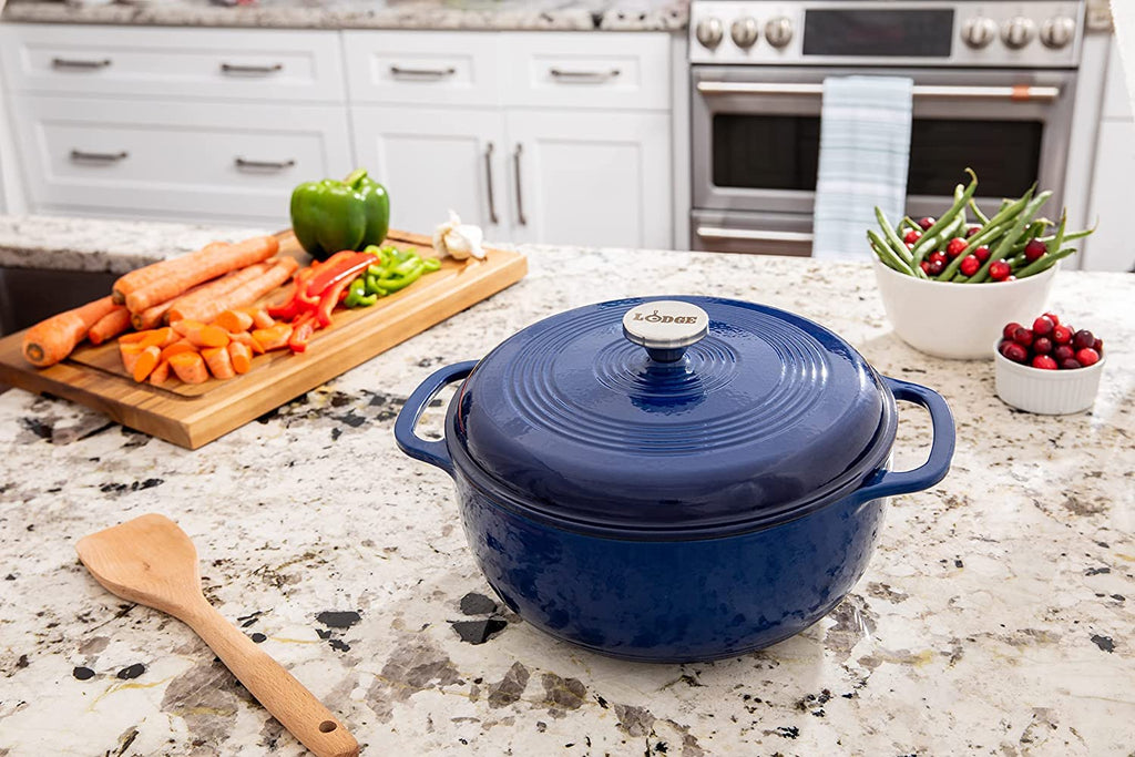 Lodge 7.5 Quart Enameled Cast Iron Dutch Oven with Lid u2013 Dual Handles u2013 Oven Safe up to 500u00b0 F or on Stovetop - Use to Marinate, Cook, Bake, Refrigerate and Serve u2013 Indigo