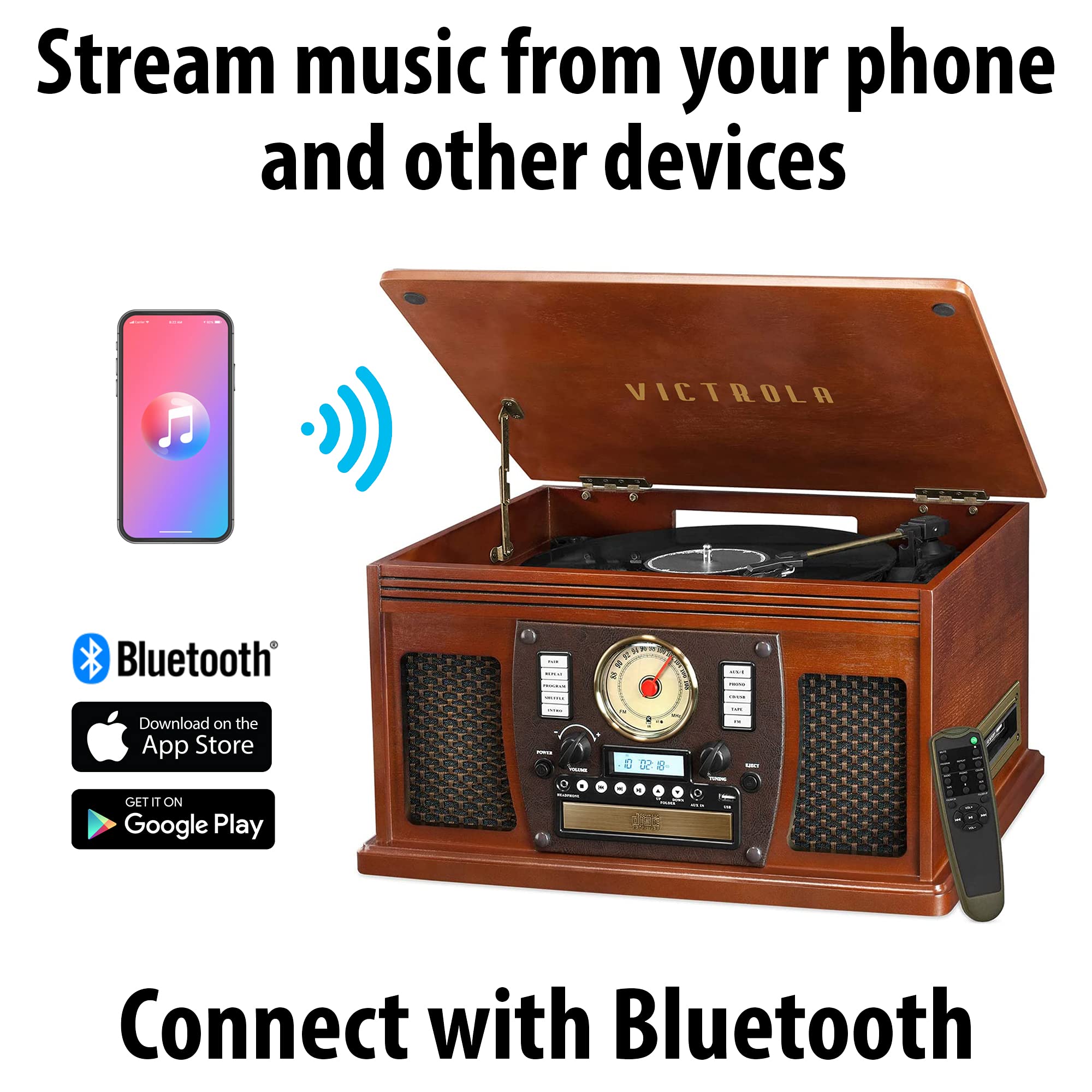 Victrola 8-in-1 Bluetooth Record Player &amp; Multimedia Center, Built-in Stereo Speakers - Turntable, Wireless Music Streaming, Real Wood | Mahogany