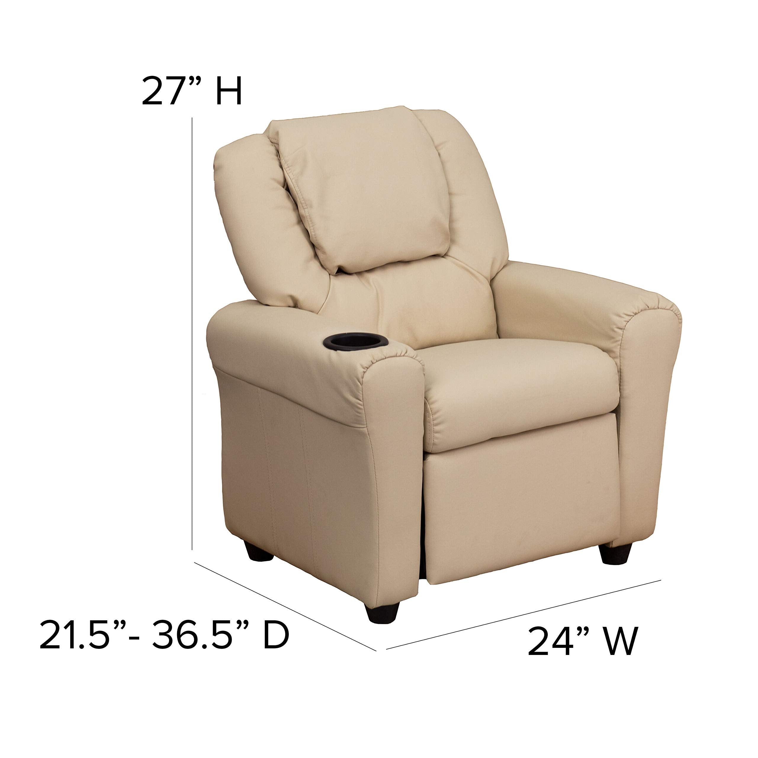 EMMA   OLIVER Beige Vinyl Kids Recliner with Cup Holder and Headrest