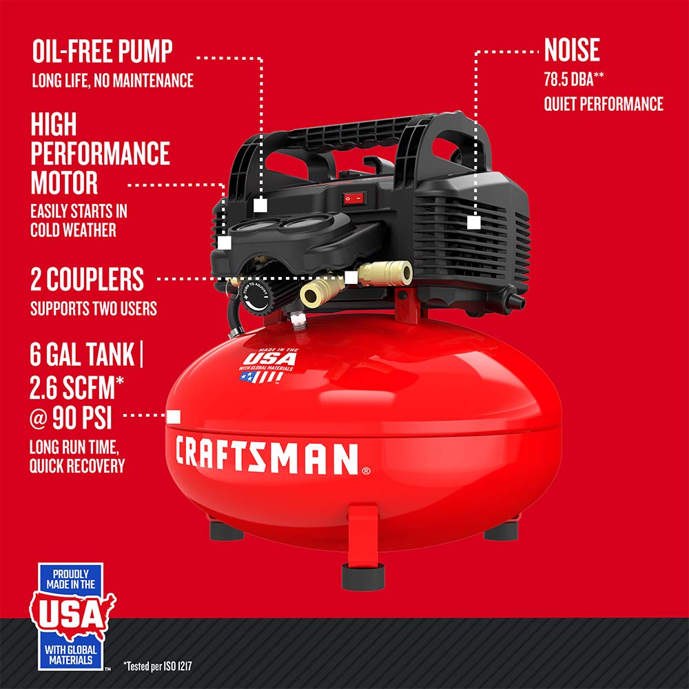 CRAFTSMAN 6 Gallon 150 PSI Oil-Free Pancake Air Compressor and Accessories   Camco Blow Out Plug