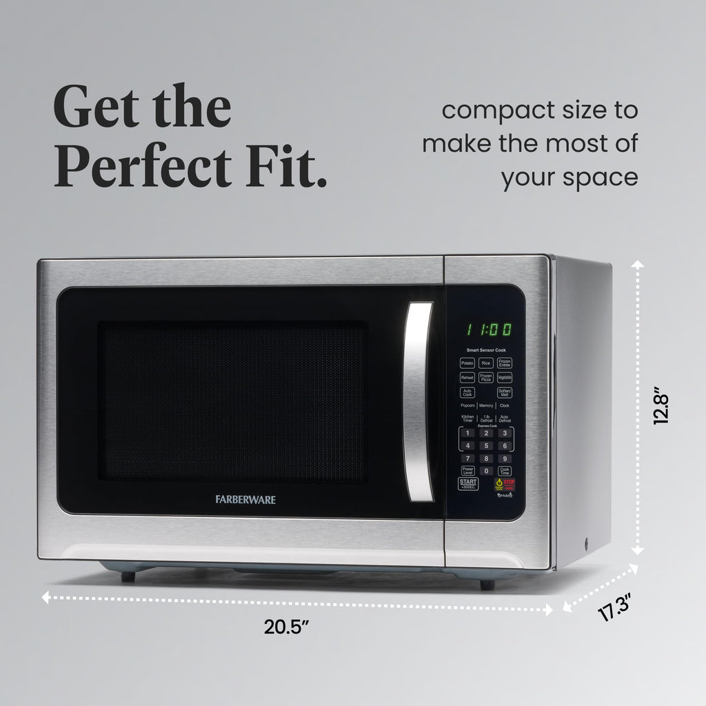 Farberware Countertop Microwave 1100 Watts, 1.2 cu ft - Smart Sensor Microwave Oven With LED Lighting and Child Lock - Perfect for Apartments and Dorms - Easy Clean Black Interior, Stainless Steel