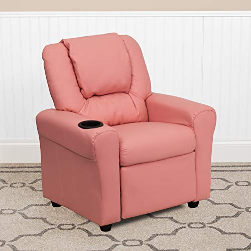 EMMA   OLIVER Beige Vinyl Kids Recliner with Cup Holder and Headrest