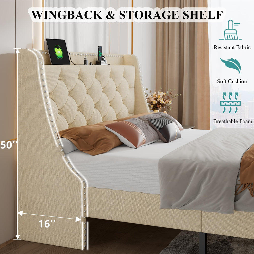 iPormis Full Bed Frame with 16" Deluxe Wingback &amp; USB &amp; Type-C Ports, Upholstered Platform Beds with Button Tufted Storage Headboard, Solid Wood Slats Support, No Box Spring Needed, Beige