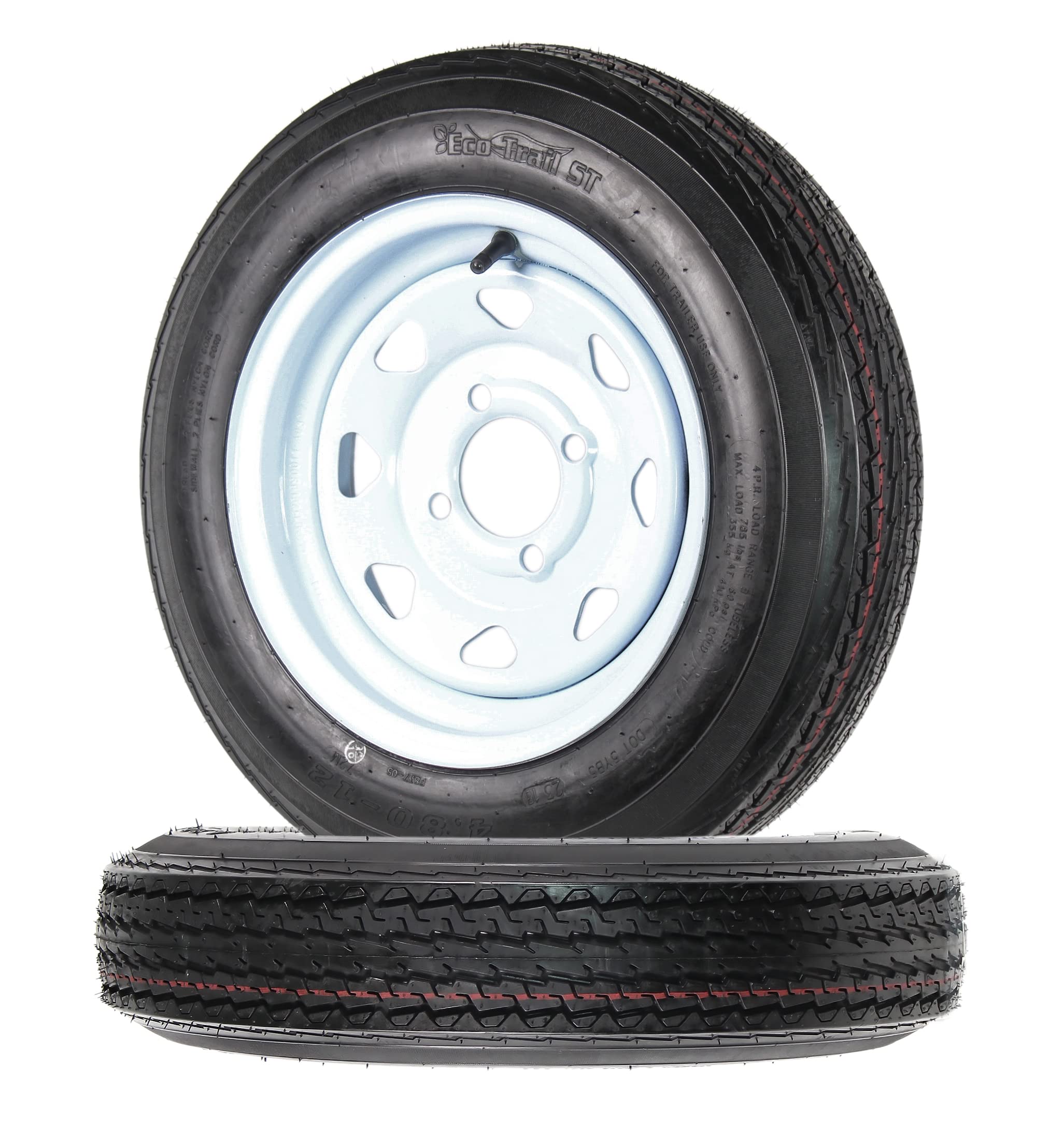 Two Trailer Tires on Rims 4.80-12 4-Lug White Spoke Wheels