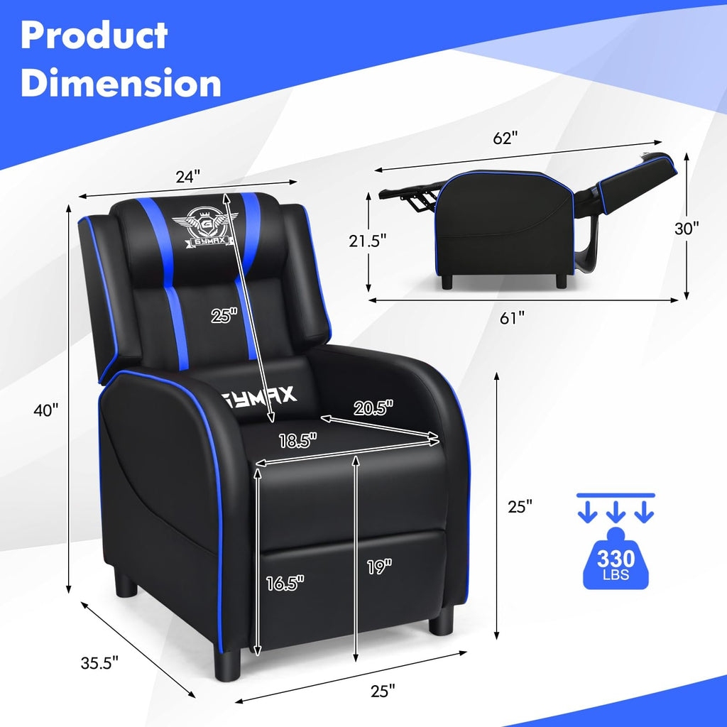 GYMAX Gaming Recliner, Massage Gaming Chair w/Adjustable Footrest, Remote Control &amp; Side Pocket, Ergonomic Game Lounge Chair, Racing Style Single Theater Seat Game Sofa for Adults (Blue)