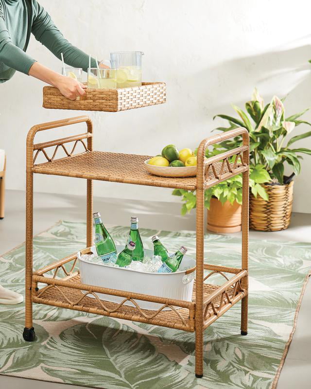 Better Homes and Gardens Willow Sage Steel Wicker Bar Cart, Brown