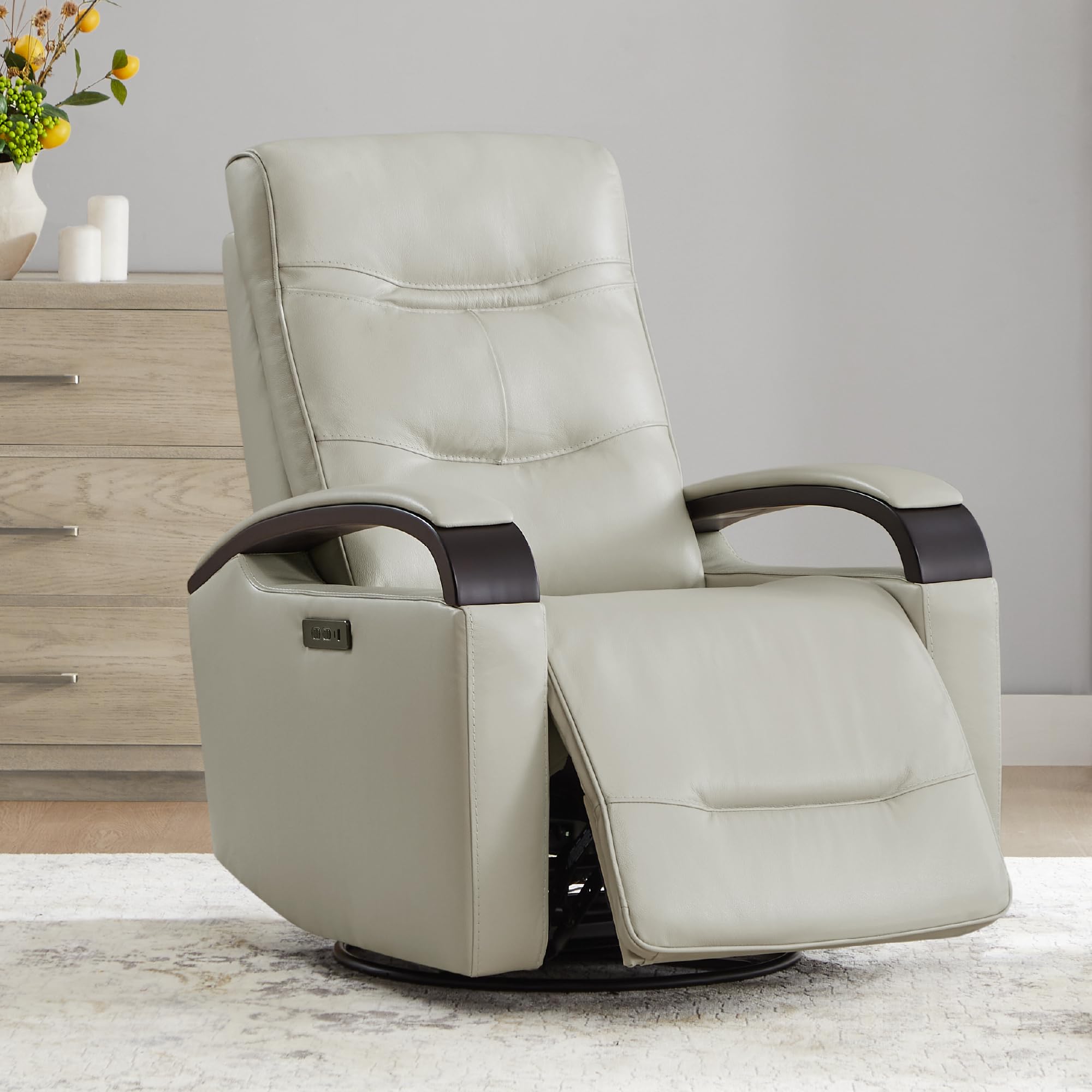 CHITA Genuine Leather Power Swivel Glider Rocker Recliner,USB Charge Power Headrest Wooden Contrast Armrest Double Layer Backrest Recliner Chair Sofa for Living Room and Nursery-Light Grey