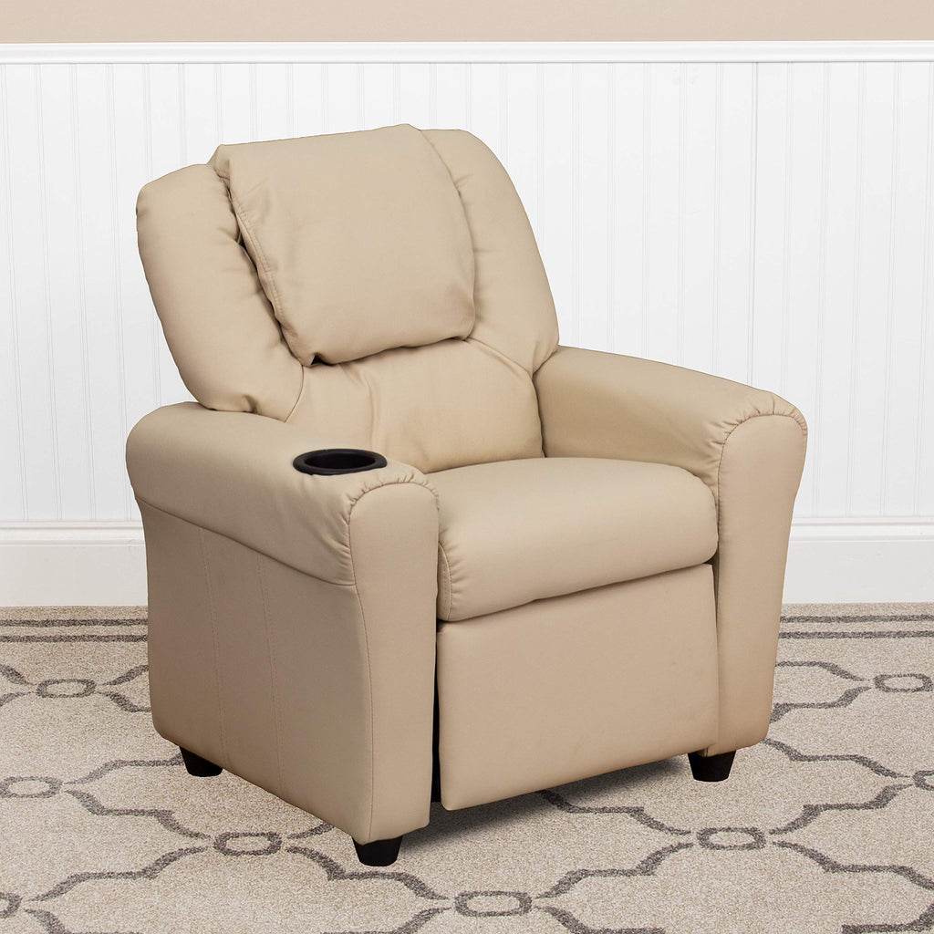 EMMA   OLIVER Beige Vinyl Kids Recliner with Cup Holder and Headrest