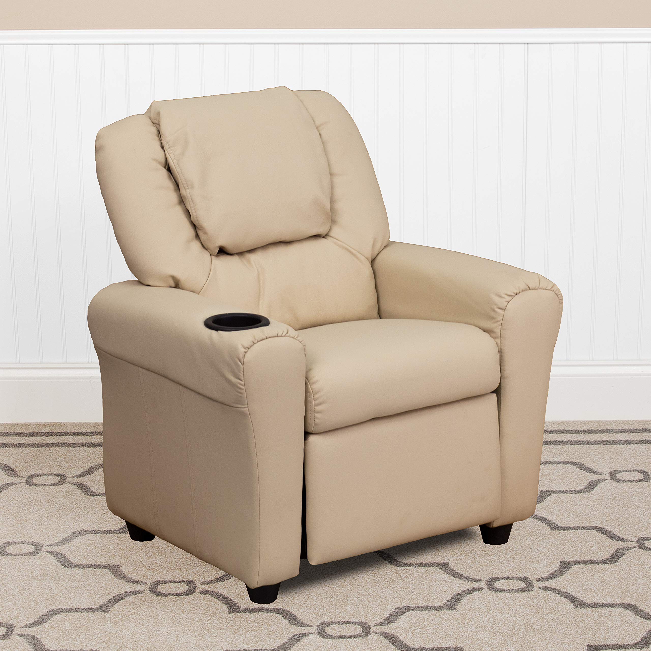 EMMA   OLIVER Beige Vinyl Kids Recliner with Cup Holder and Headrest