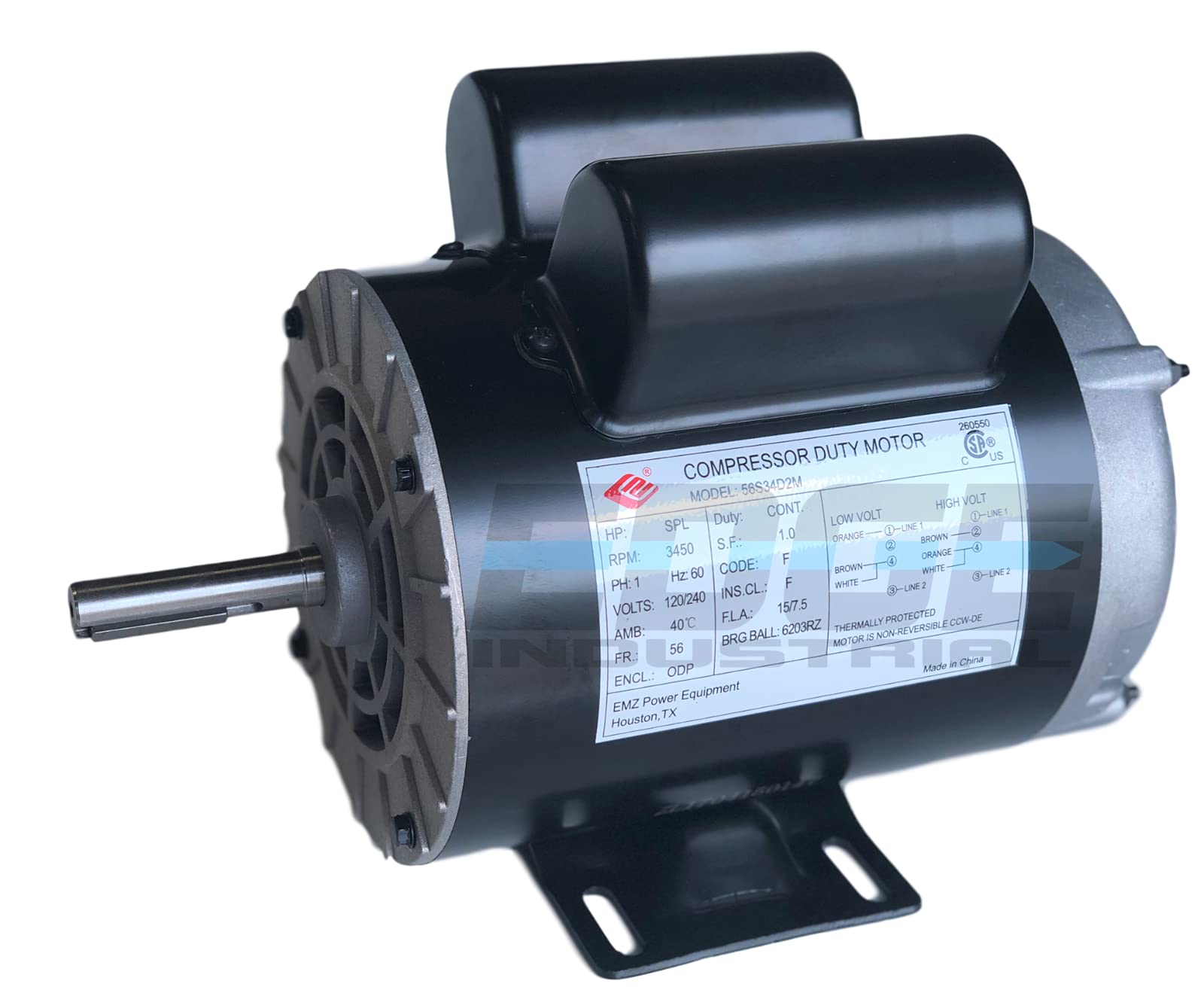 NEW 2 HP SPL Compressor Duty Electric Motor, 3450 RPM, 56 Frame, 5/8" Shaft Diameter,120/240 VOLT