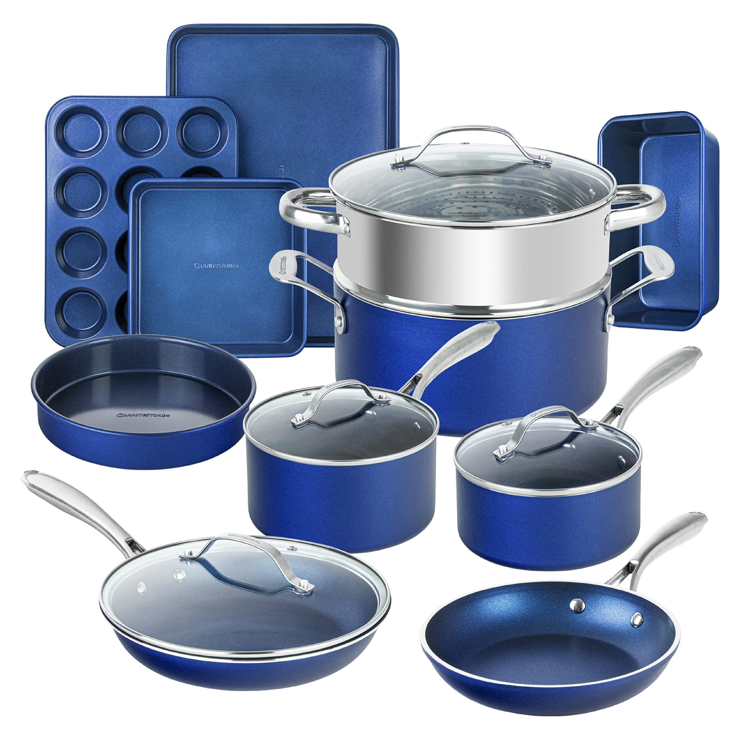 Granitestone Blue 15 Pc Pots and Pans Set Nonstick Cookware Set, Kitchen Cookware Sets, Pot and Pan Set, Pot Set, Diamond Coated Non Stick Pots and Pans Set with Lids   Bakeware, Dishwasher Safe