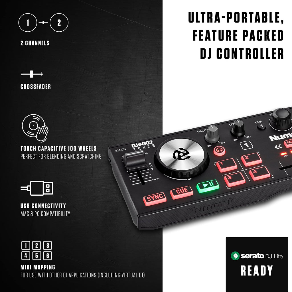 Numark DJ2GO2 Touch 2-Channel DJ Controller with SoundSwitch Micro DMX Interface, Includes Serato DJ Lite