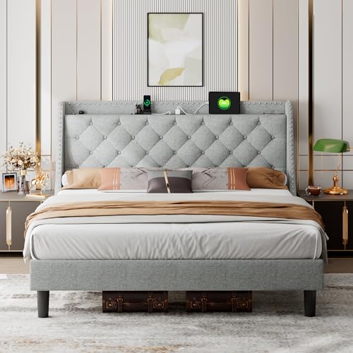 iPormis Full Bed Frame with 16" Deluxe Wingback &amp; USB &amp; Type-C Ports, Upholstered Platform Beds with Button Tufted Storage Headboard, Solid Wood Slats Support, No Box Spring Needed, Beige