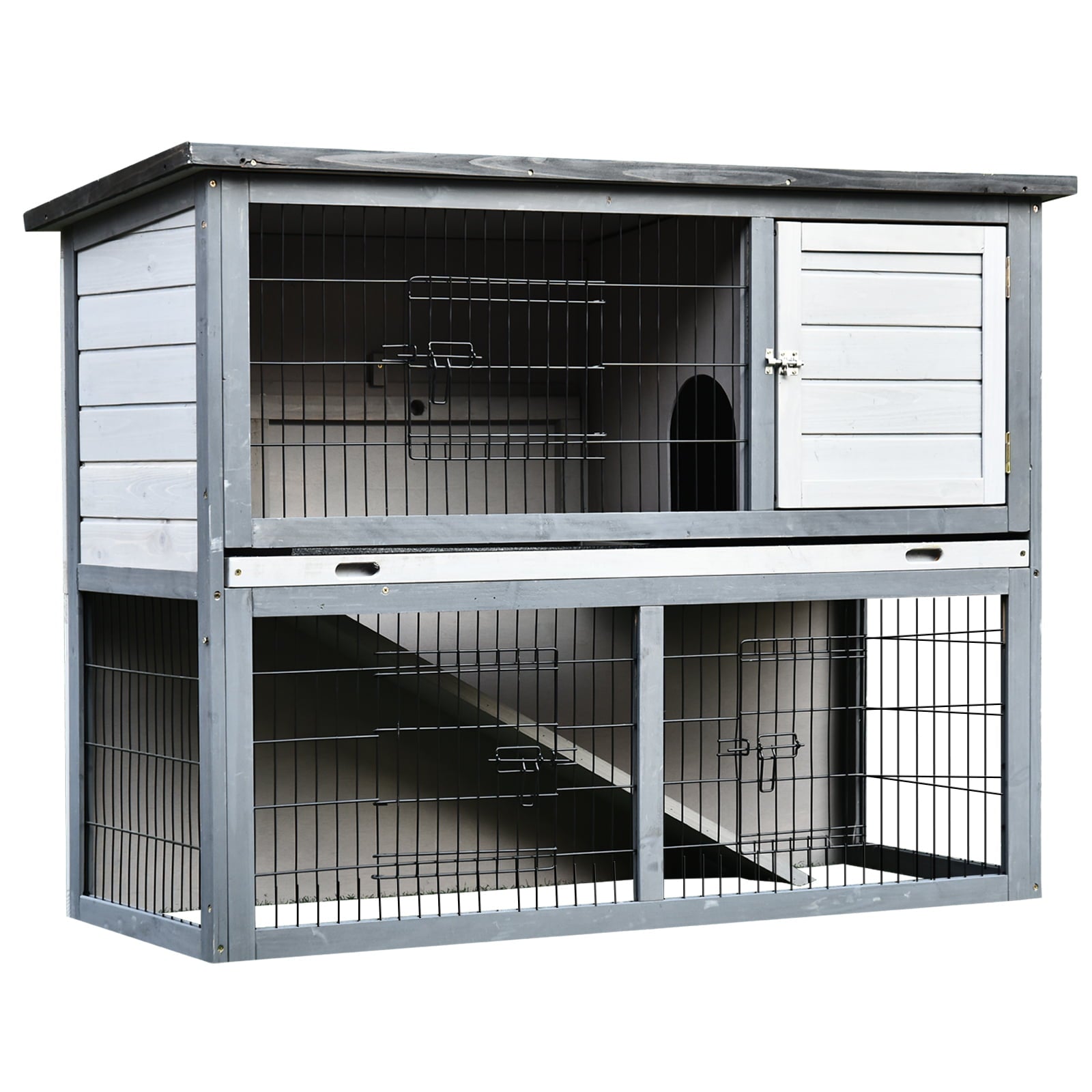 Pawhut 48" L Wooden Rabbit Hutch Pet Playpen 4 Door House Enclosure with Ramp, for Rabbits and Small Animals, Gray