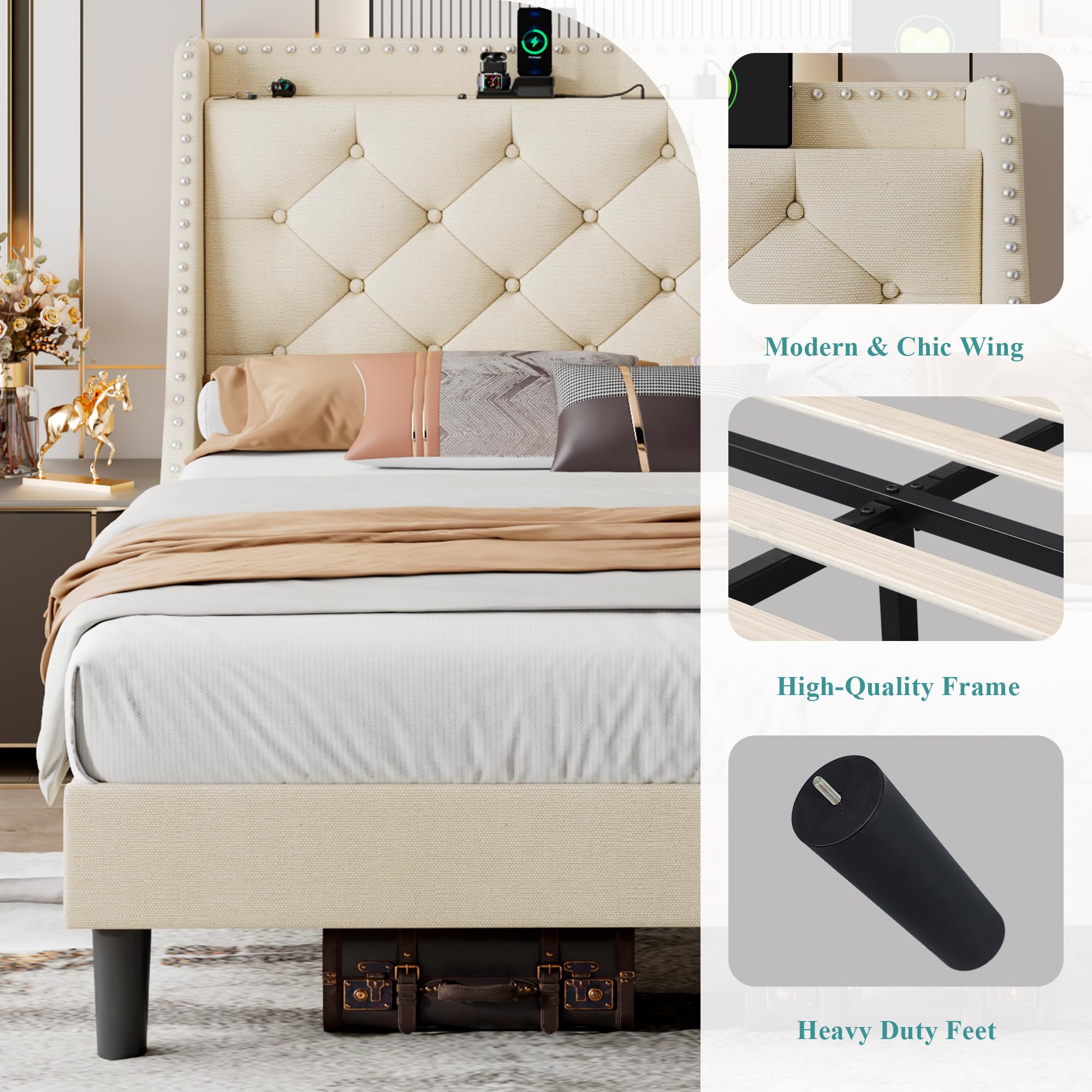 iPormis Full Bed Frame with 16" Deluxe Wingback &amp; USB &amp; Type-C Ports, Upholstered Platform Beds with Button Tufted Storage Headboard, Solid Wood Slats Support, No Box Spring Needed, Beige
