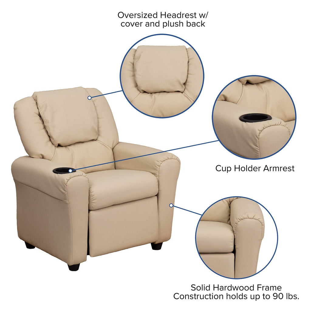EMMA   OLIVER Beige Vinyl Kids Recliner with Cup Holder and Headrest