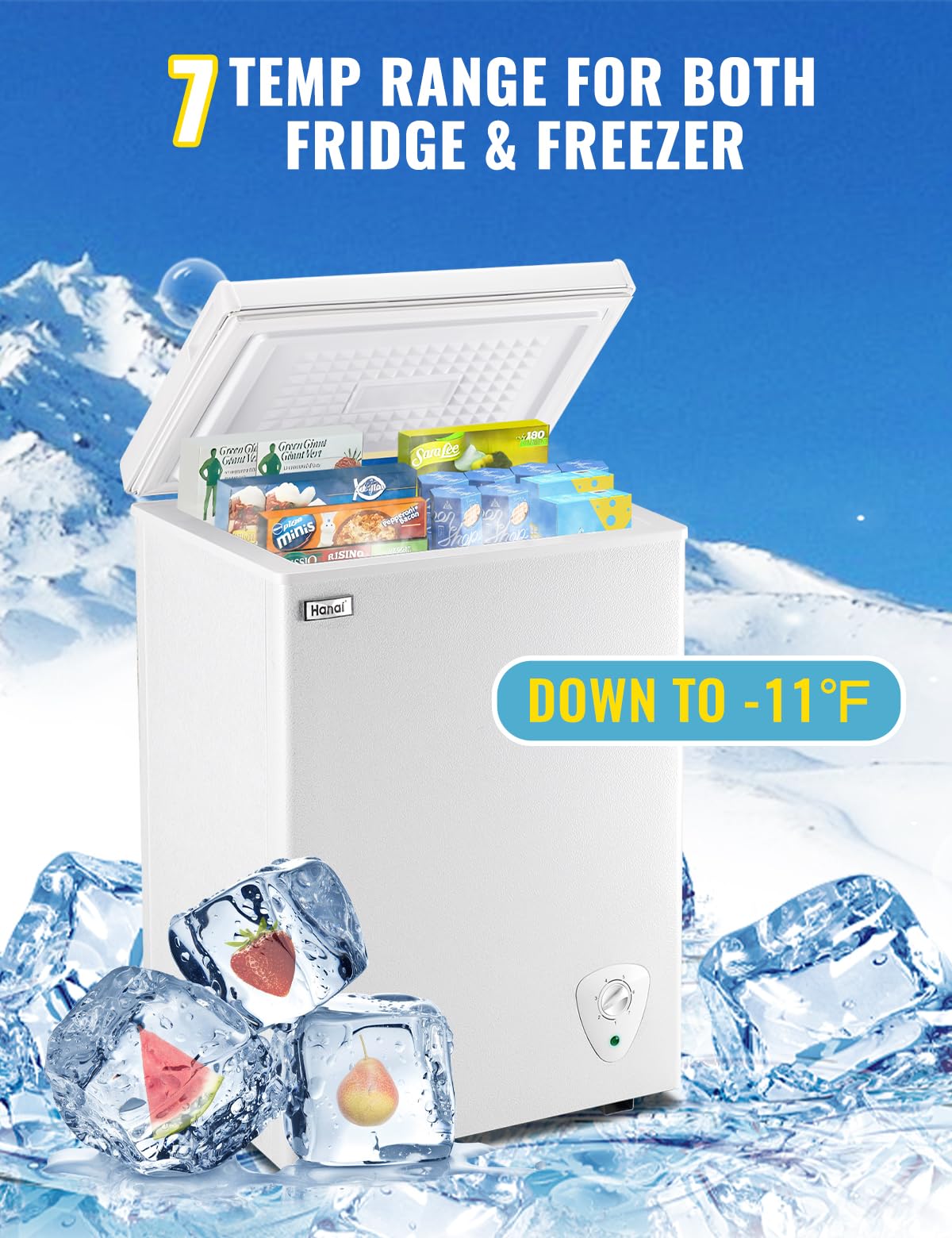 3.5 Cubic Feet Chest Freezer Small Deep Freezers with Removable Storage Basket Free Standing Top Door Compact Freezer 7 Gears Temperature Control for Office Dorm Apartment