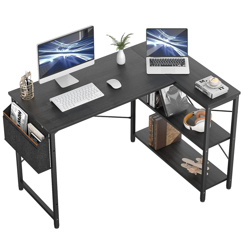 Small L Shaped Computer Desk, Homieasy 47 Inch L-Shaped Corner Desk with Reversible Storage Shelves for Home Office Workstation, Modern Simple Style Writing Desk Table with Storage Bag(Black)