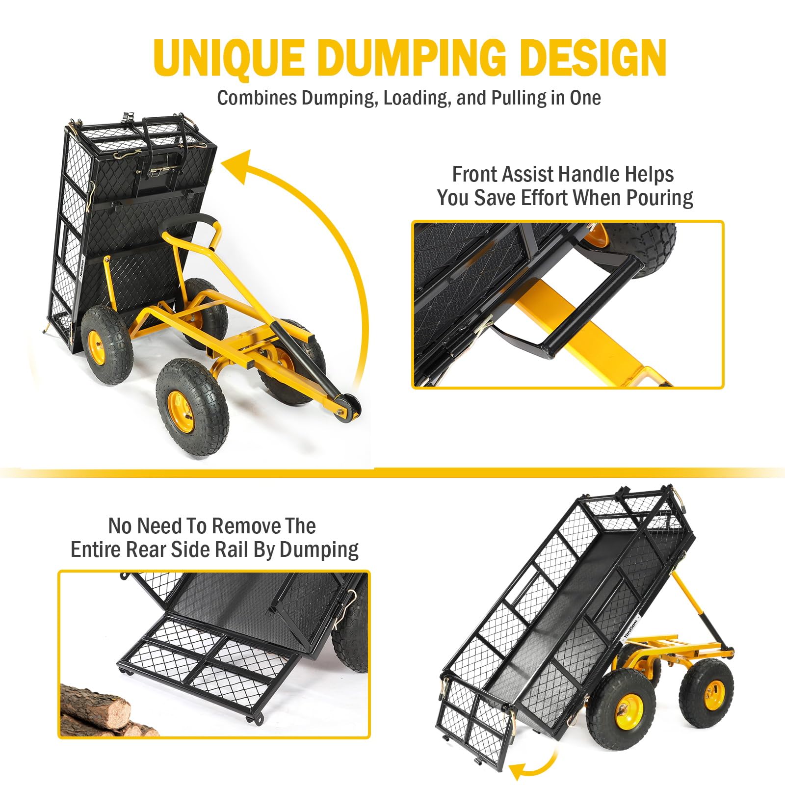 Yardsam Heavy Duty Steel Dump Garden Cart, Outdoor Utility Dump Lawn Yard Wagon 400Lbs Capacity with Liner, Steel Frame Gardening Cart with Removable Sides and 10 Inch Pneumatic Wheels - Black