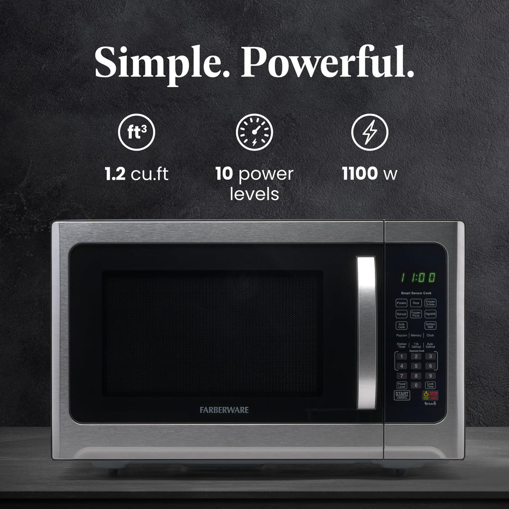 Farberware Countertop Microwave 1100 Watts, 1.2 cu ft - Smart Sensor Microwave Oven With LED Lighting and Child Lock - Perfect for Apartments and Dorms - Easy Clean Black Interior, Stainless Steel