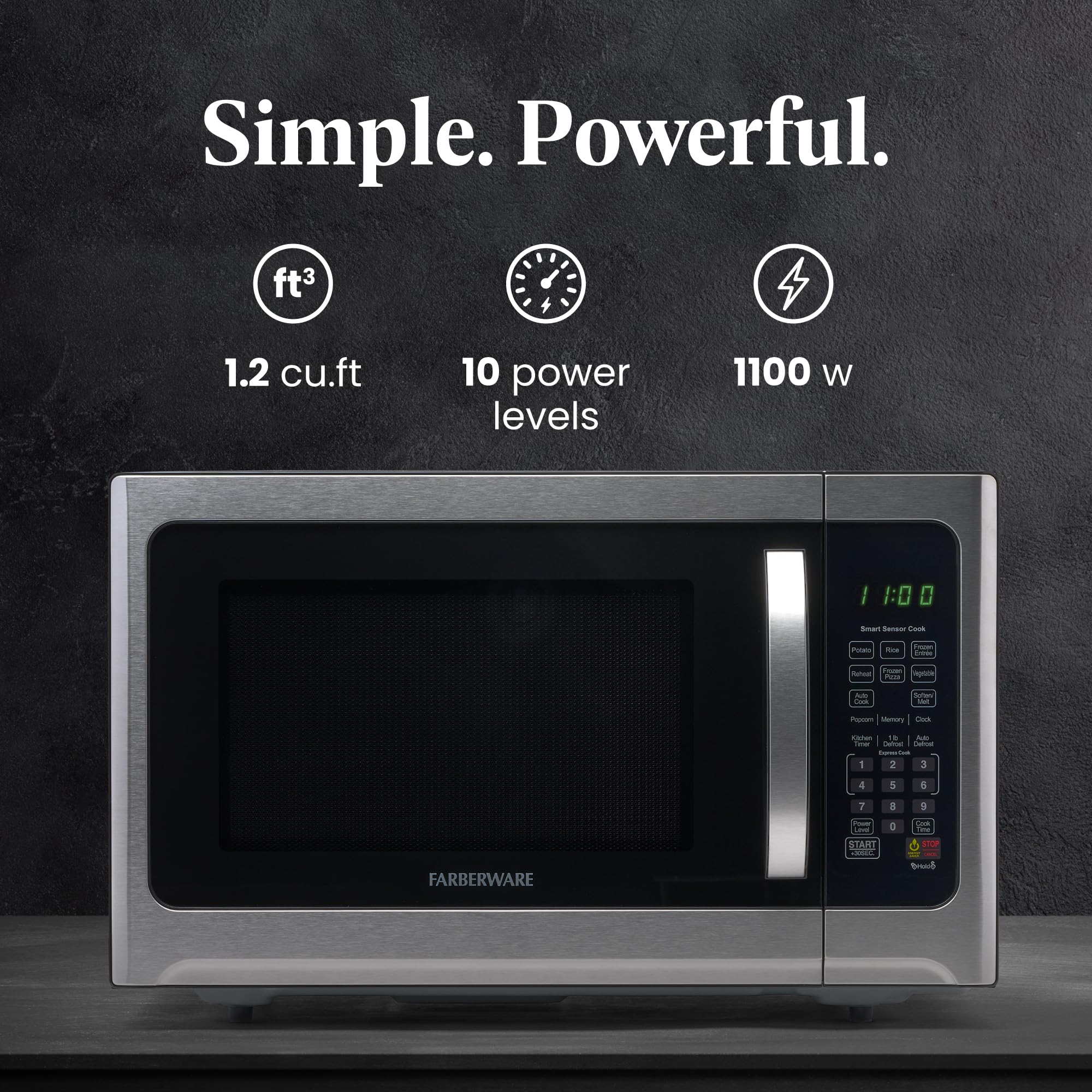 Farberware Countertop Microwave 1100 Watts, 1.2 cu ft - Smart Sensor Microwave Oven With LED Lighting and Child Lock - Perfect for Apartments and Dorms - Easy Clean Black Interior, Stainless Steel