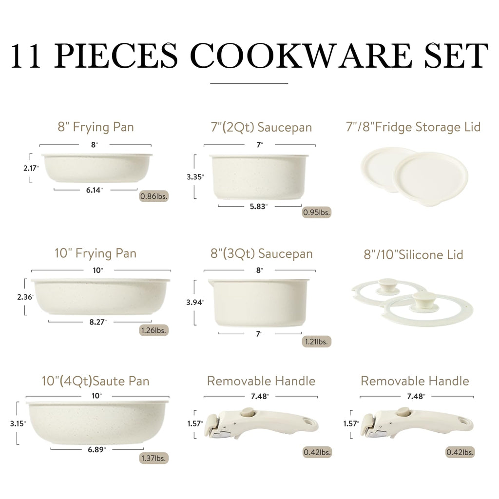 CAROTE 11-Piece Nonstick Cookware Set with Detachable Handle