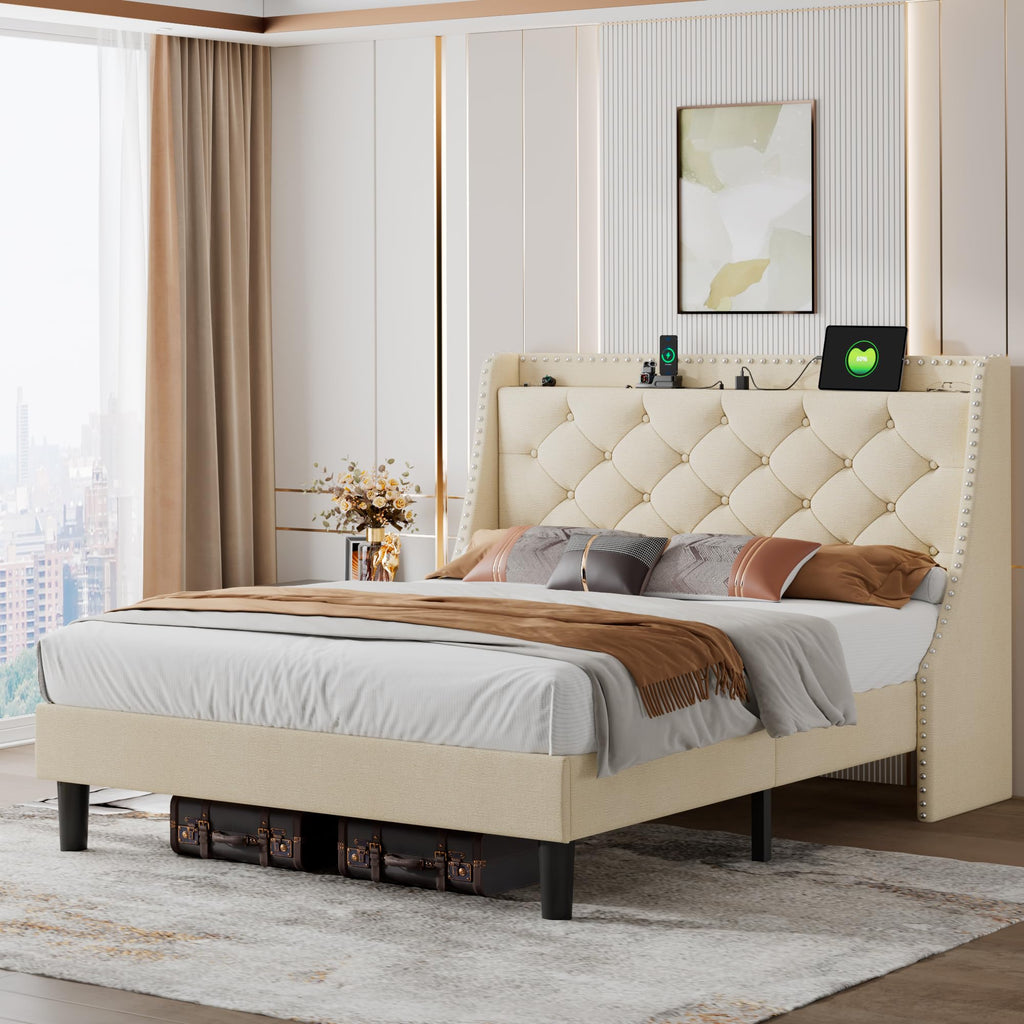iPormis Full Bed Frame with 16" Deluxe Wingback &amp; USB &amp; Type-C Ports, Upholstered Platform Beds with Button Tufted Storage Headboard, Solid Wood Slats Support, No Box Spring Needed, Beige