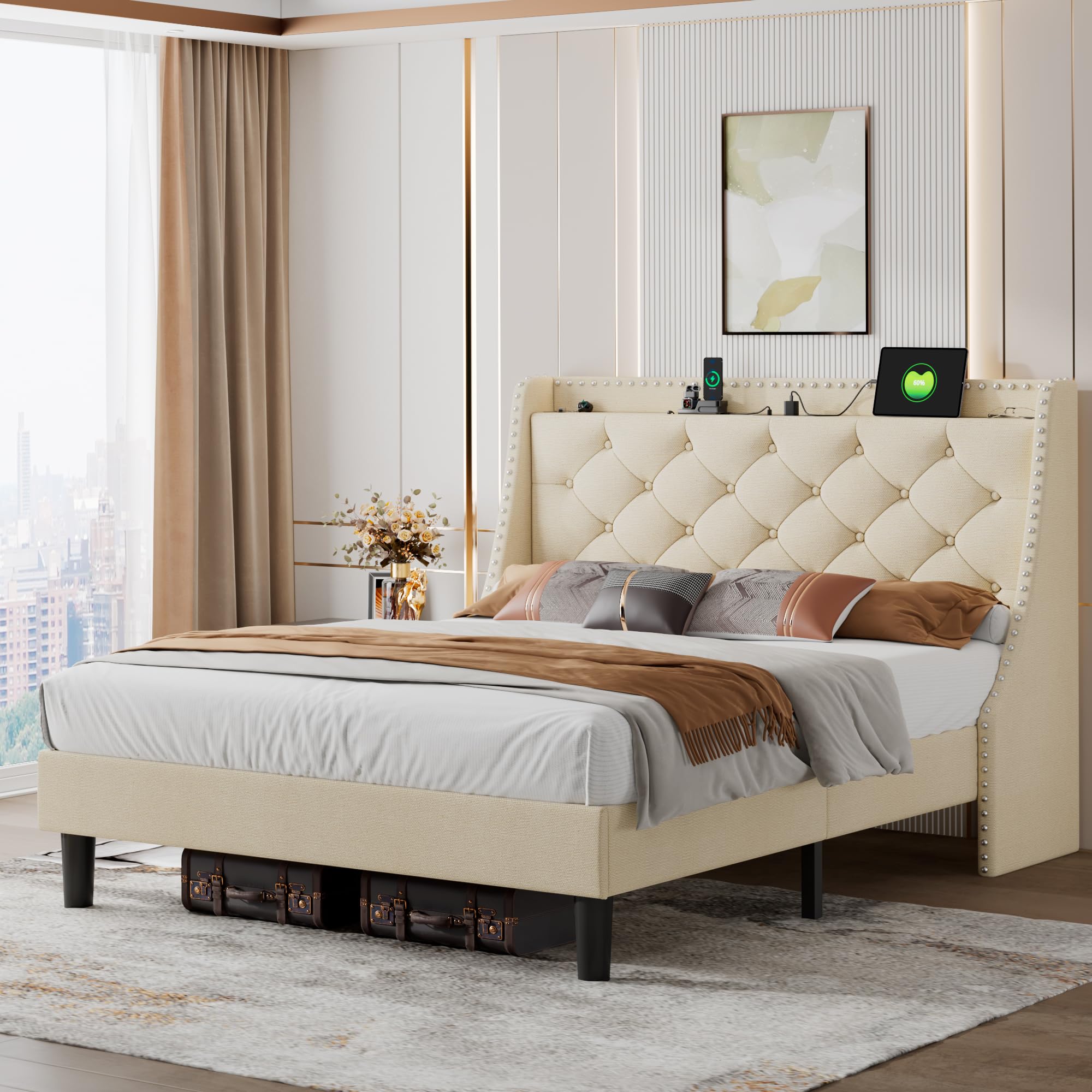 iPormis Full Bed Frame with 16" Deluxe Wingback &amp; USB &amp; Type-C Ports, Upholstered Platform Beds with Button Tufted Storage Headboard, Solid Wood Slats Support, No Box Spring Needed, Beige