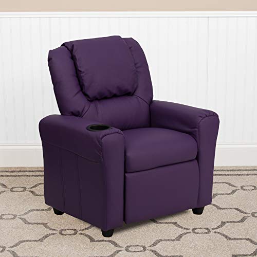 EMMA   OLIVER Beige Vinyl Kids Recliner with Cup Holder and Headrest