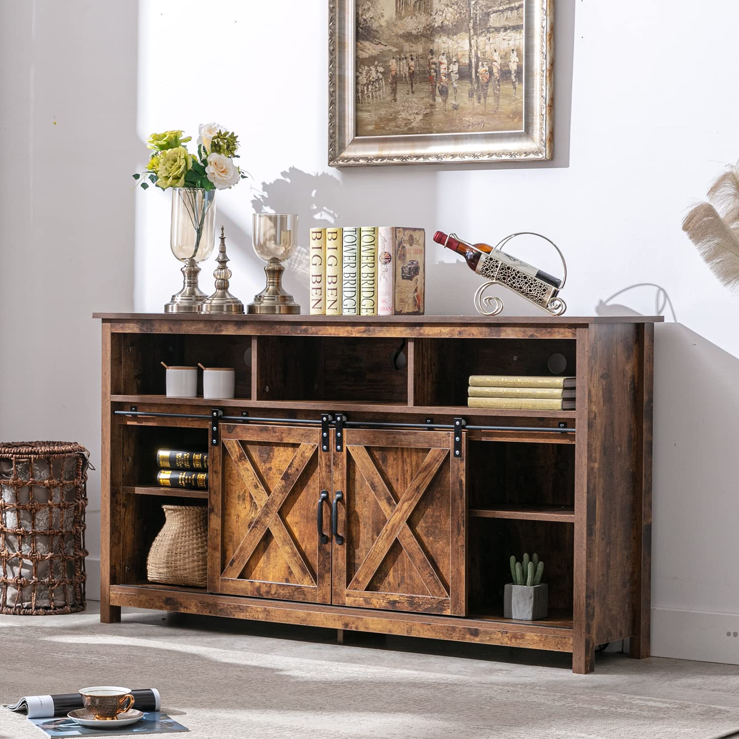 Farmhouse Slide Barn Door Coffee Bar Cabinet with Outlets