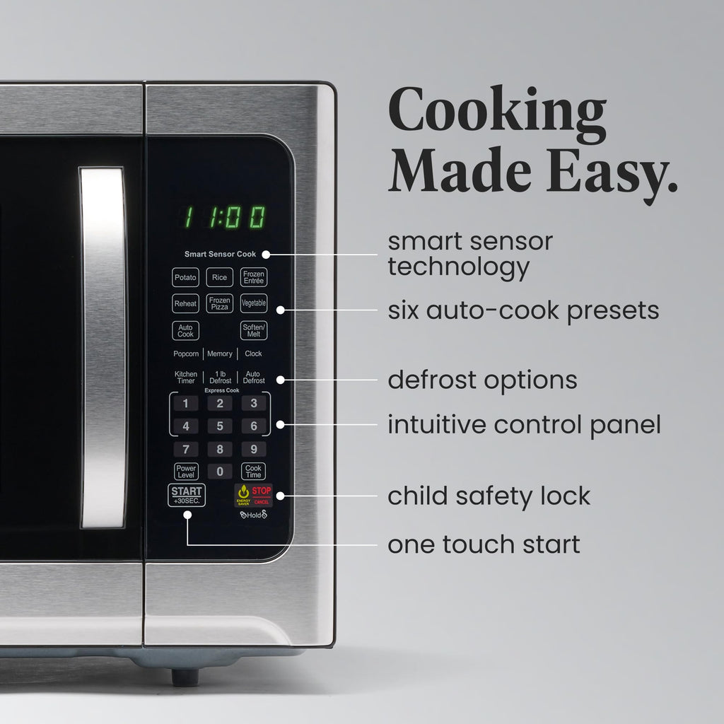 Farberware Countertop Microwave 1100 Watts, 1.2 cu ft - Smart Sensor Microwave Oven With LED Lighting and Child Lock - Perfect for Apartments and Dorms - Easy Clean Black Interior, Stainless Steel